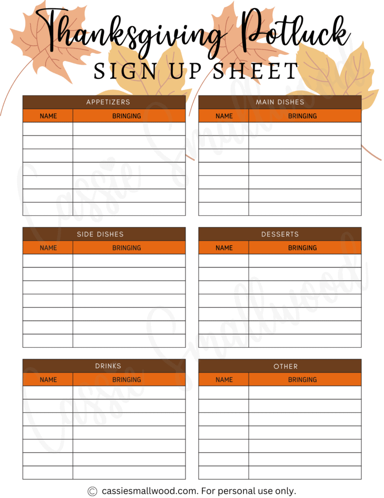 10 Cute Thanksgiving Potluck Sign Up Sheets - Cassie Smallwood within Free Printable Thanksgiving Signup Sheet