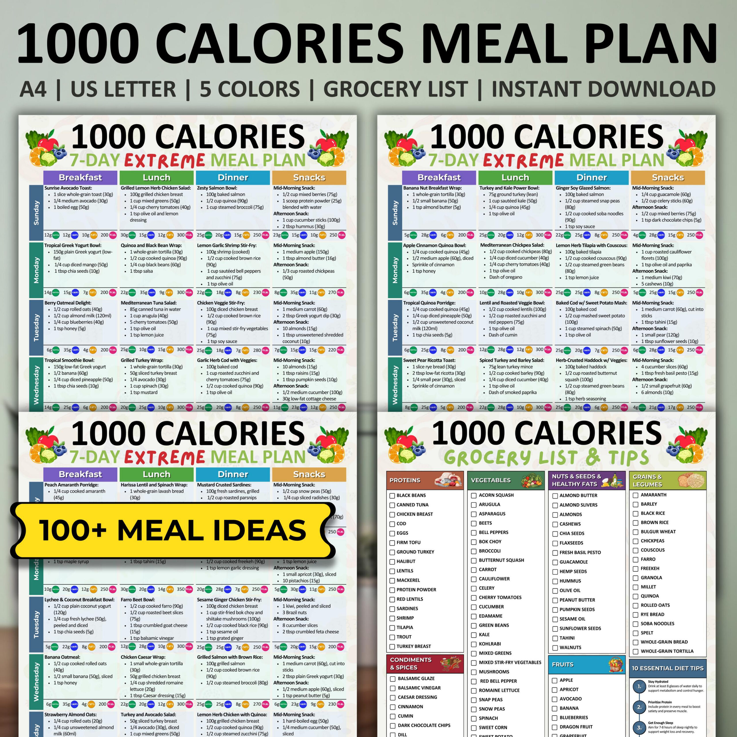 1000 Calories Extreme Meal Plan, Low Calorie Meal Plan And Grocery with regard to Printable 1000 Calorie Diet Plan
