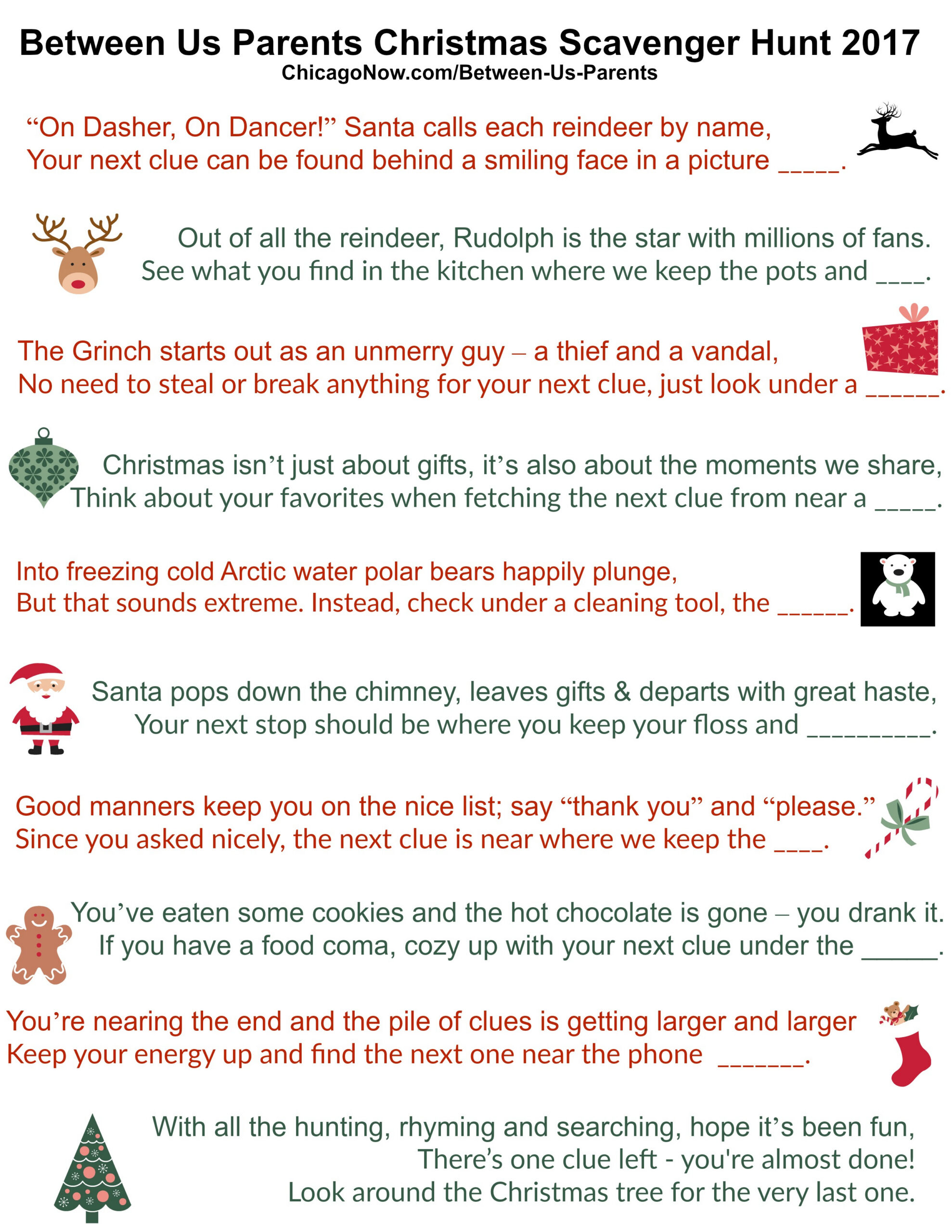 70 Printable Christmas Scavenger Hunt Clues with regard to Free Printable Christmas Treasure Hunt Clues For Adults