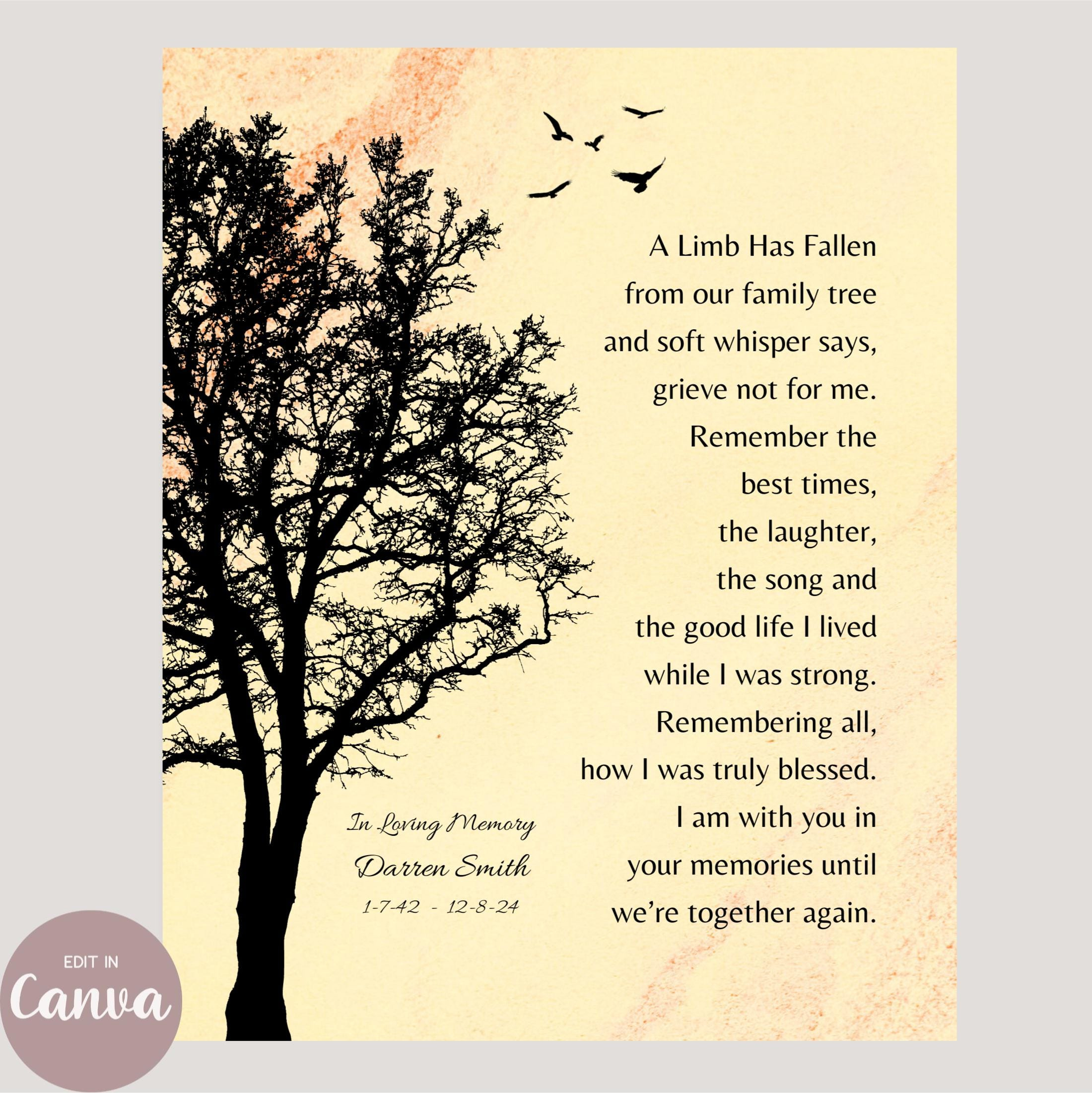 A Limb Has Fallen Memorial Family Tree, Sympathy Gift Personalized inside A Limb Has Fallen From the Family Tree Printable