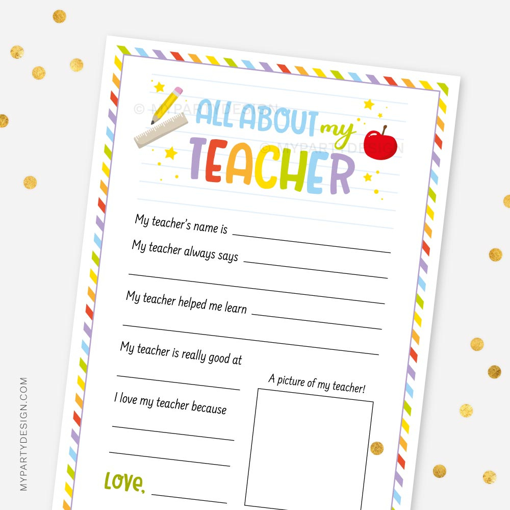 All About My Teacher, Printable Pdf - My Party Design pertaining to All About My Teacher Questionnaire Free Printable