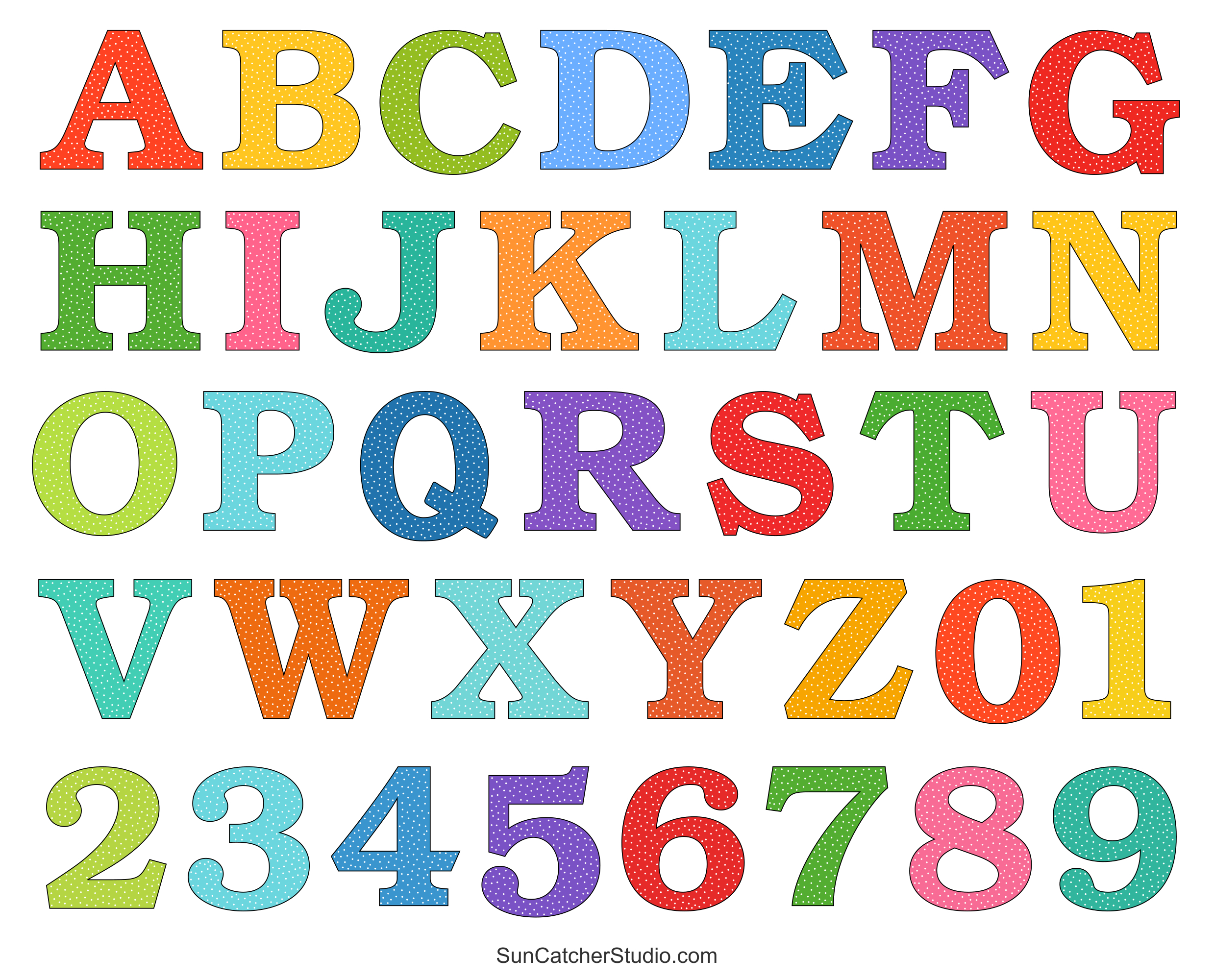 Alphabet Letters And Numbers With A Colorful Polka Dot Design pertaining to Free Printable Letters and Numbers