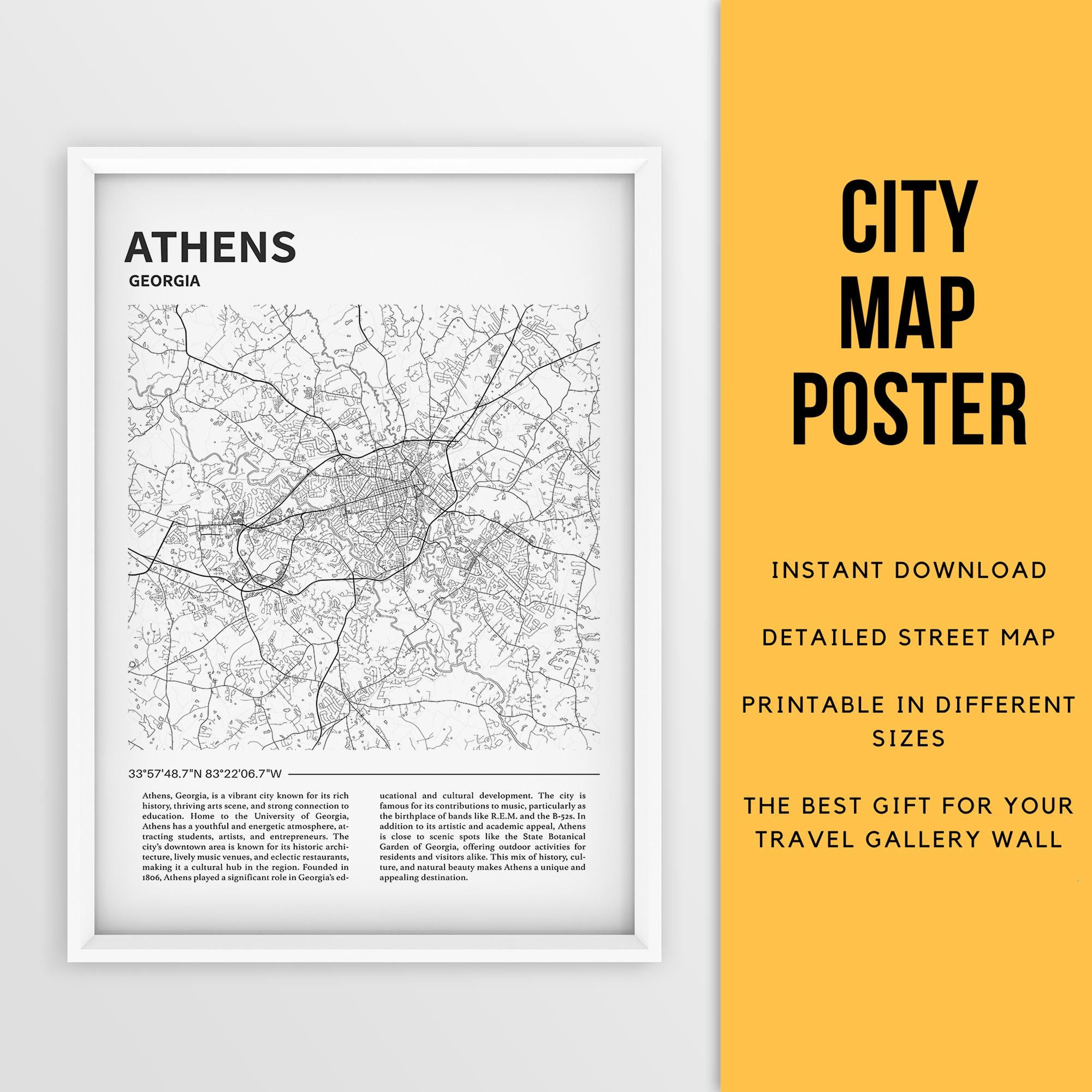 Athens, Georgia, Usa Printable Map Poster - Instant Download regarding Printable Map of Athens Ga