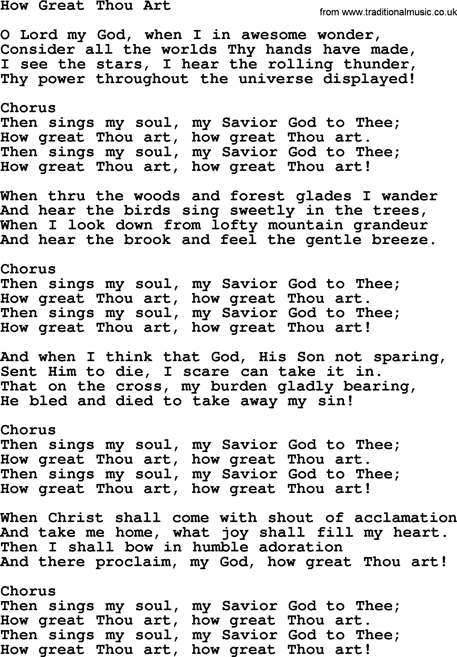 Baptist Hymnal, Christian Song: How Great Thou Art- Lyrics With with How Great Thou Art Lyrics Printable