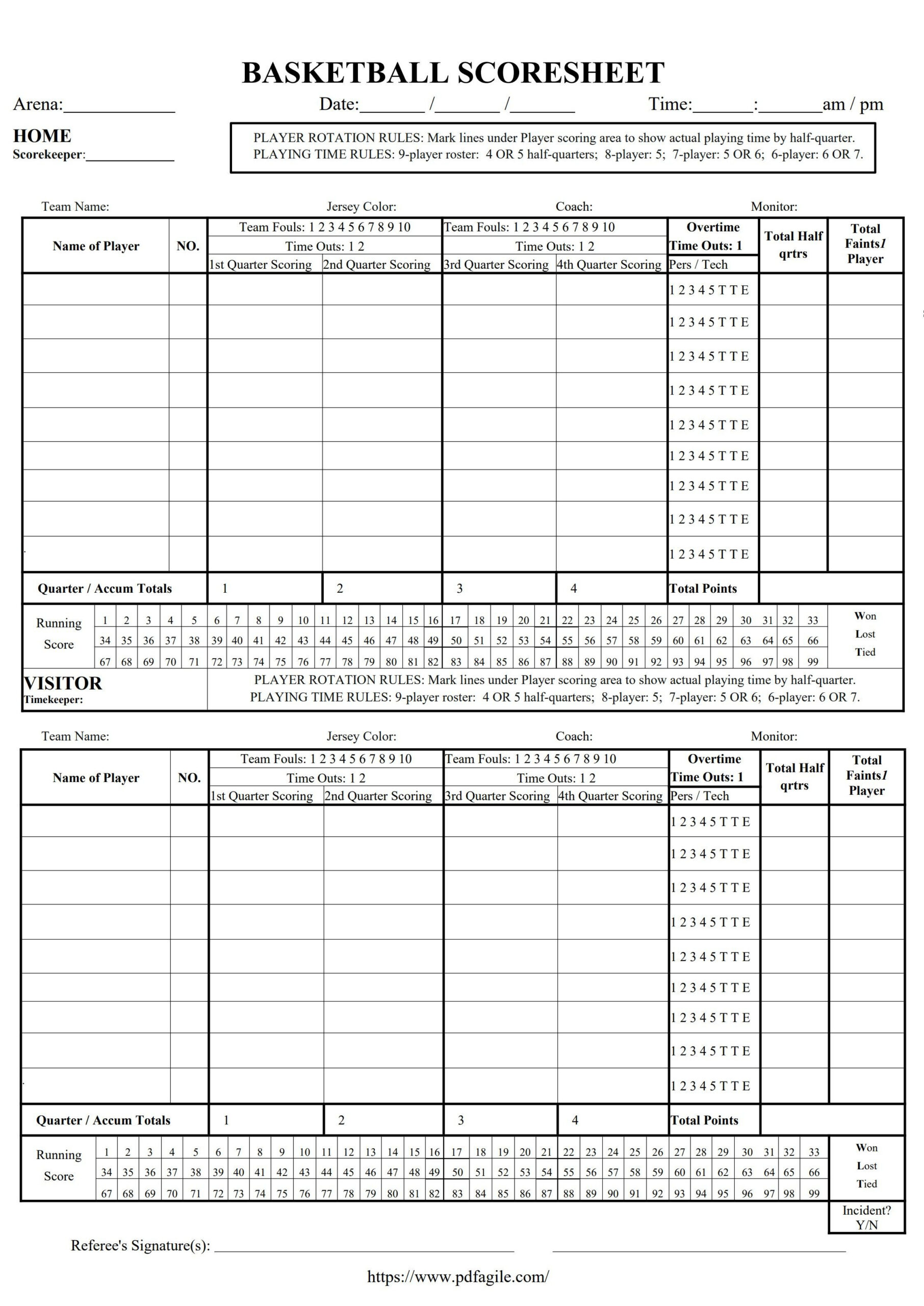 Basketball Scoresheet Template | Pdf Agile inside Free Printable Basketball Stat Sheet