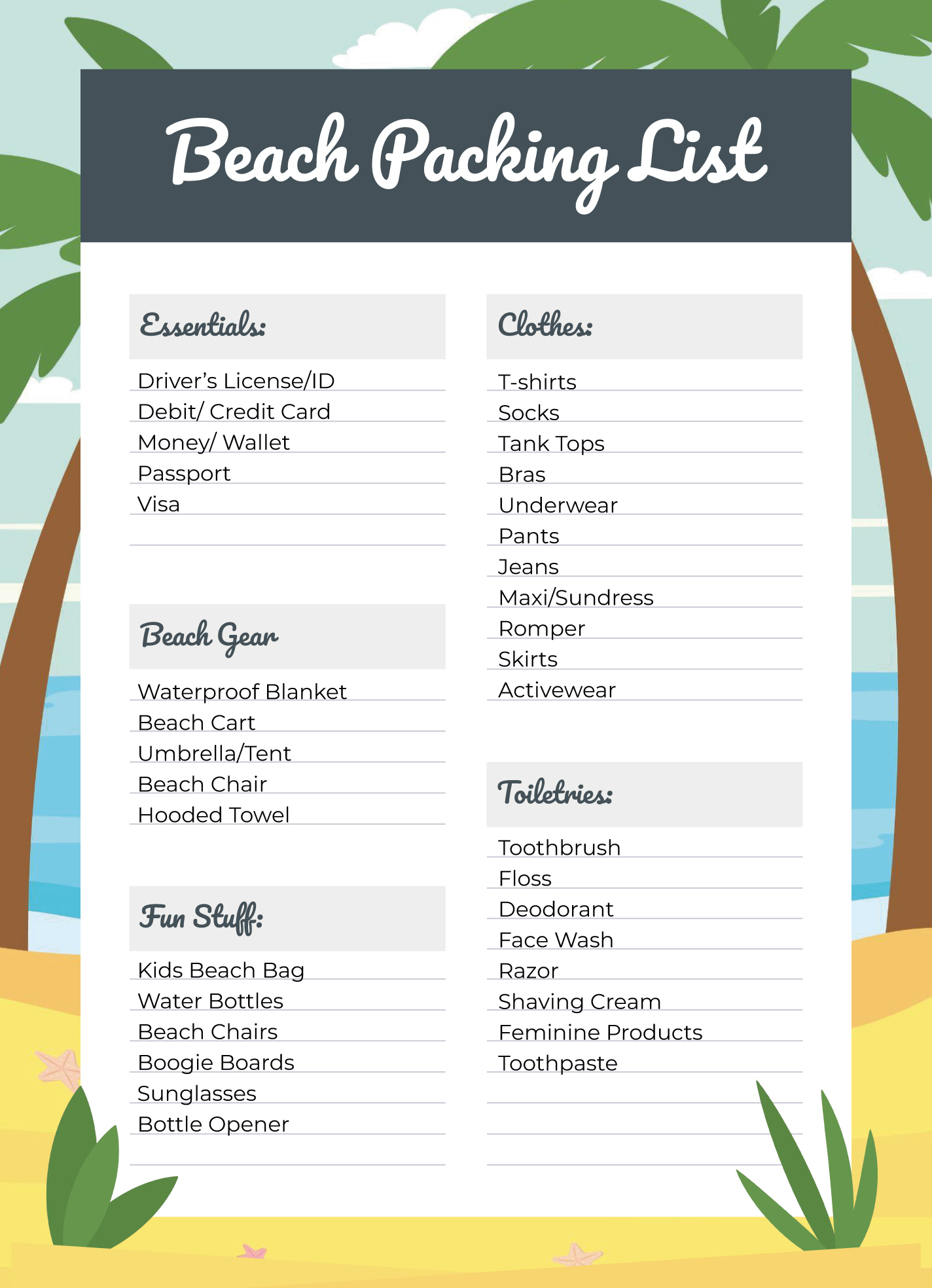 Beach Packing List Free Google Docs Template - Gdoc.io for Printable Packing List For Beach Vacation