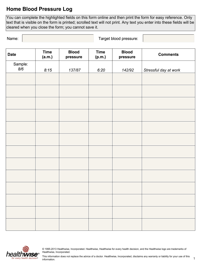 Blood Pressure Chart - Fill Online, Printable, Fillable, Blank inside Blood Pressure Reading Chart Printable
