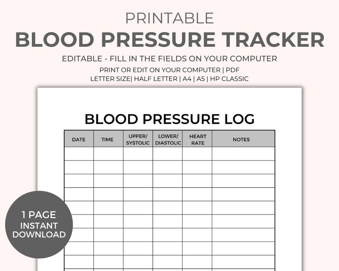 Blood Pressure Chart Printable - Instant Download, Medical Tracker intended for Blood Pressure Monitor Chart Printable