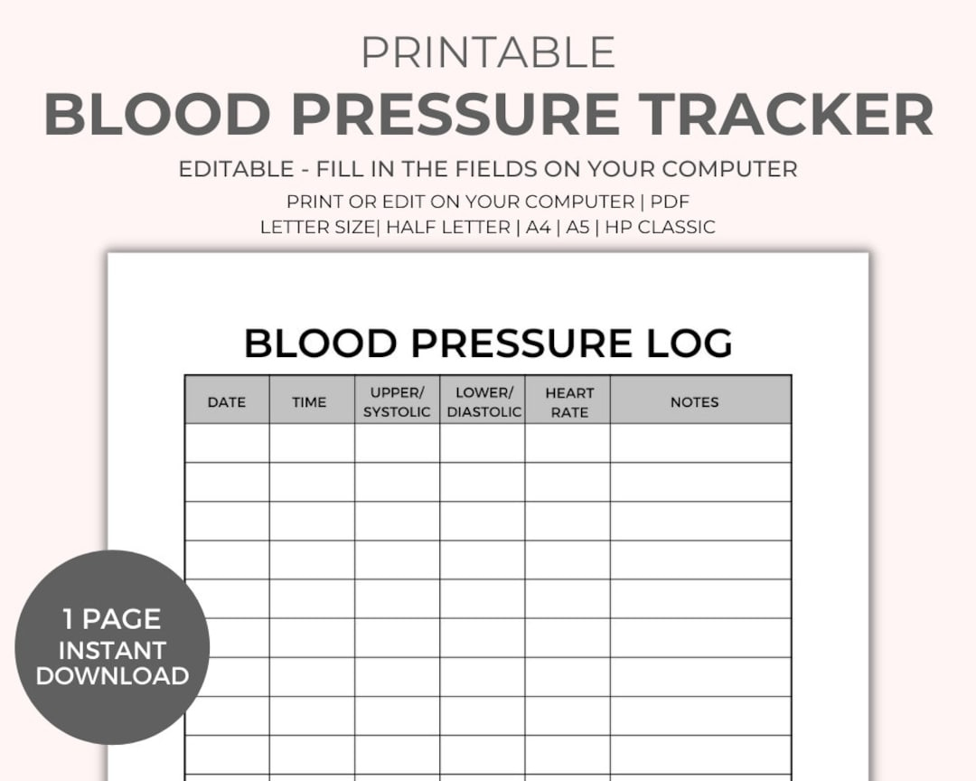 Blood Pressure Chart Printable - Instant Download, Medical Tracker intended for Blood Pressure Reading Chart Printable