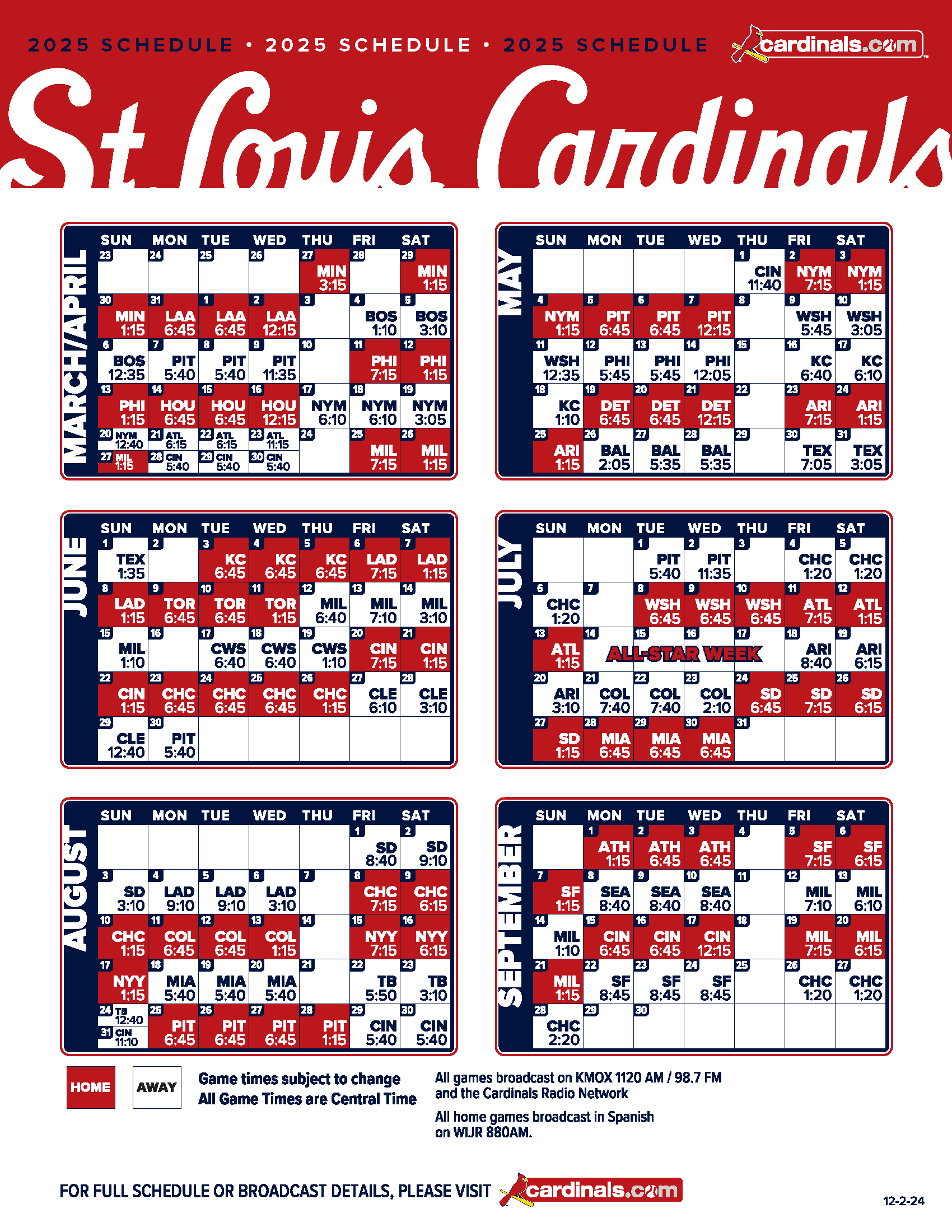 Cardinals Schedules — The Franchise Sports Bar And Grill in St Louis Cardinals Schedule Printable