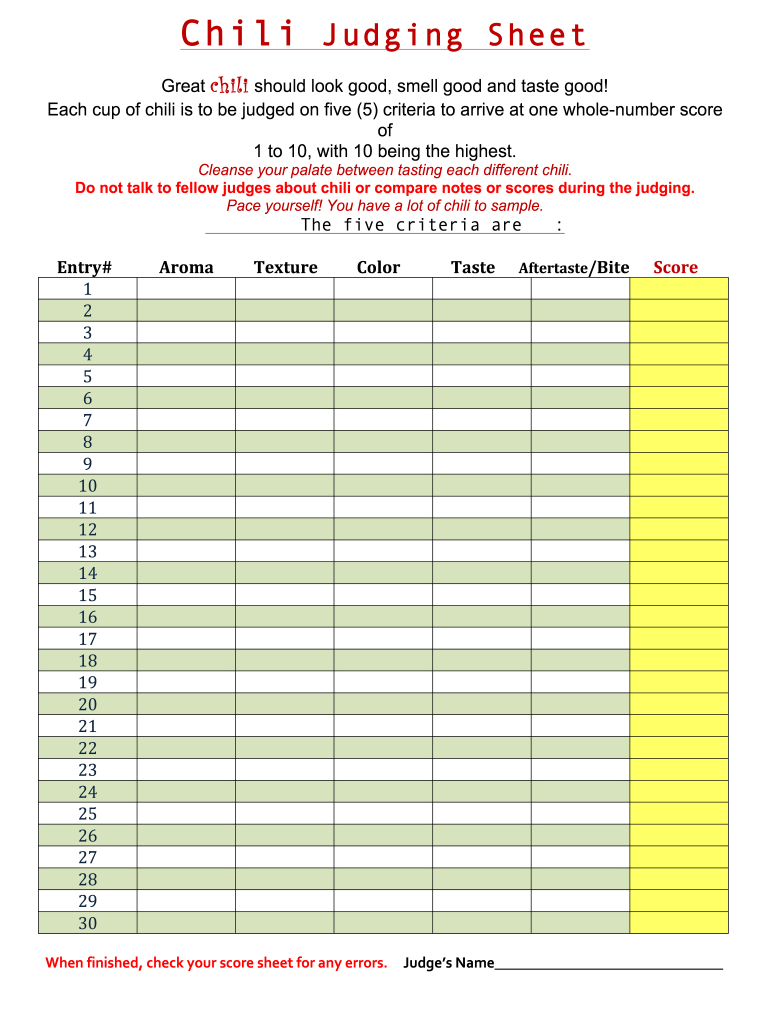 Chili Judging Sheet Sample Form - Fill Online, Printable, Fillable intended for Pdf Free Printable Chili Cook Off Scorecards