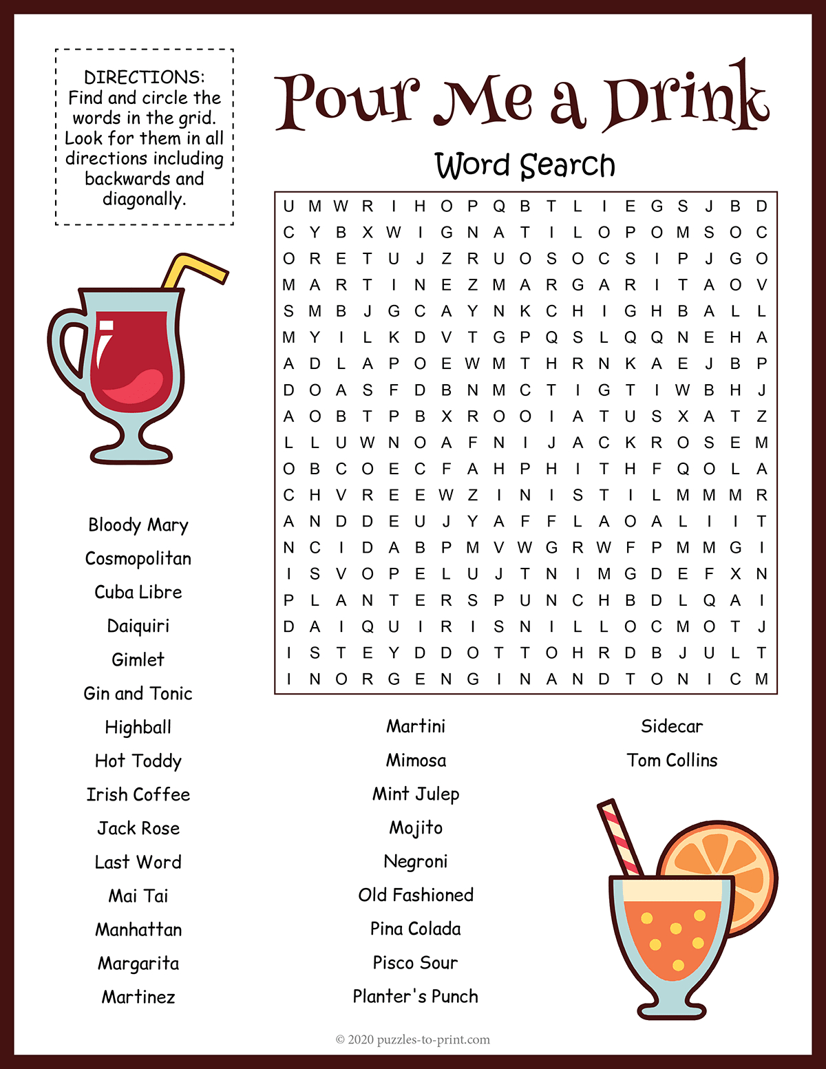 Cocktails Word Search throughout Word Puzzles Printable For Adults