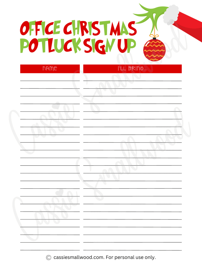 Cute Christmas Potluck Sign Up Sheets - Cassie Smallwood regarding Free Printable Christmas Potluck Sign Up Sheet