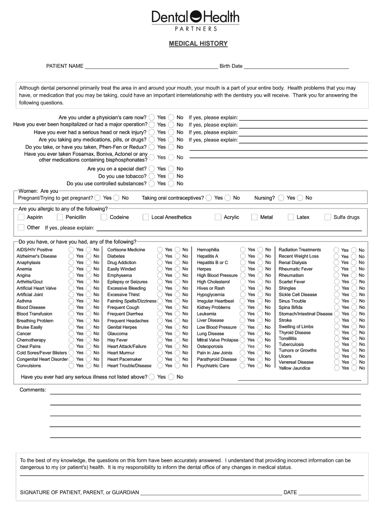 Dental Health Medical History Form - Fill Online, Printable intended for General Printable Medical History Form Template