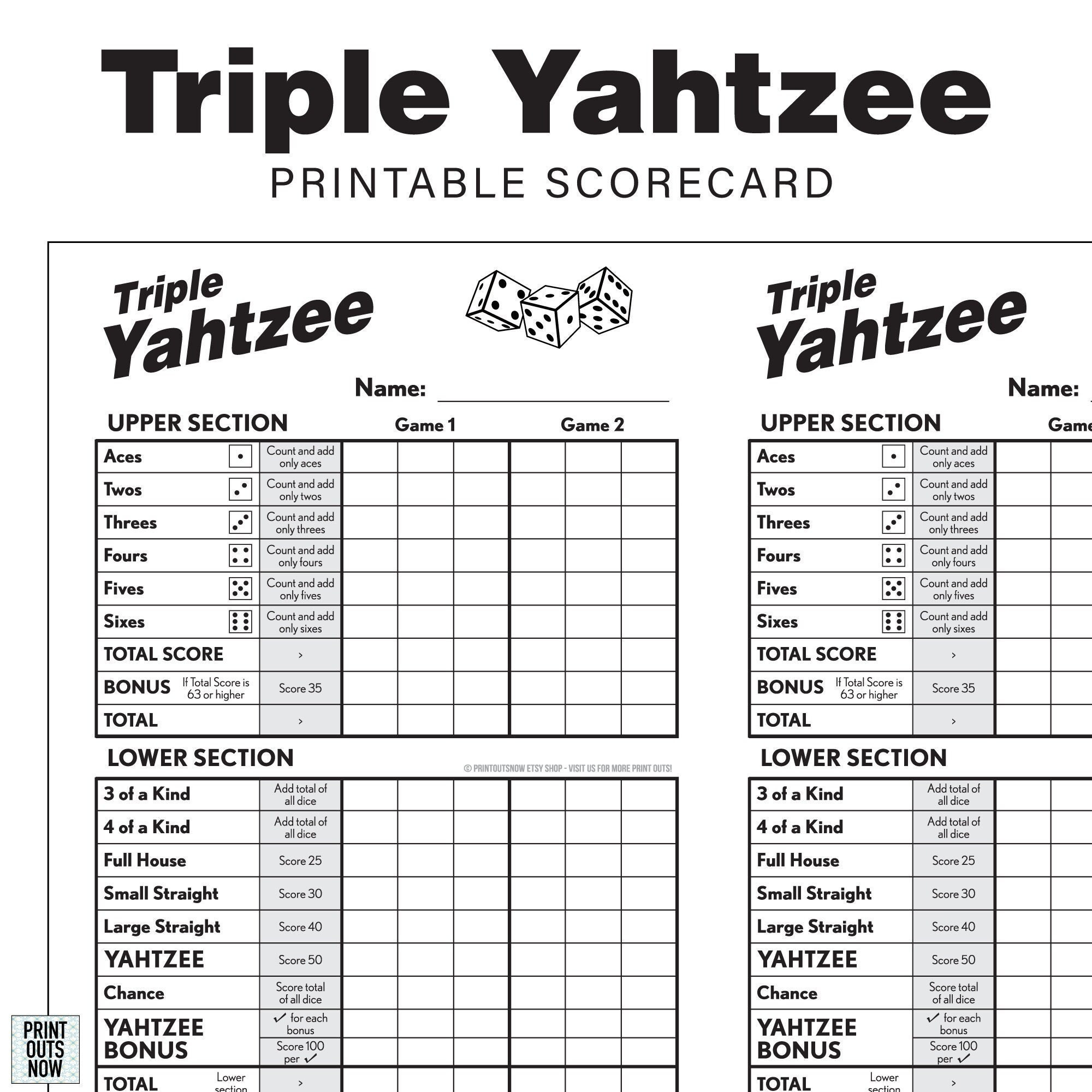 Druckbares Triple Yahtzee Scorecards Scorepad - Druck So Viele Wie for Triple Yahtzee Printable Score Sheet