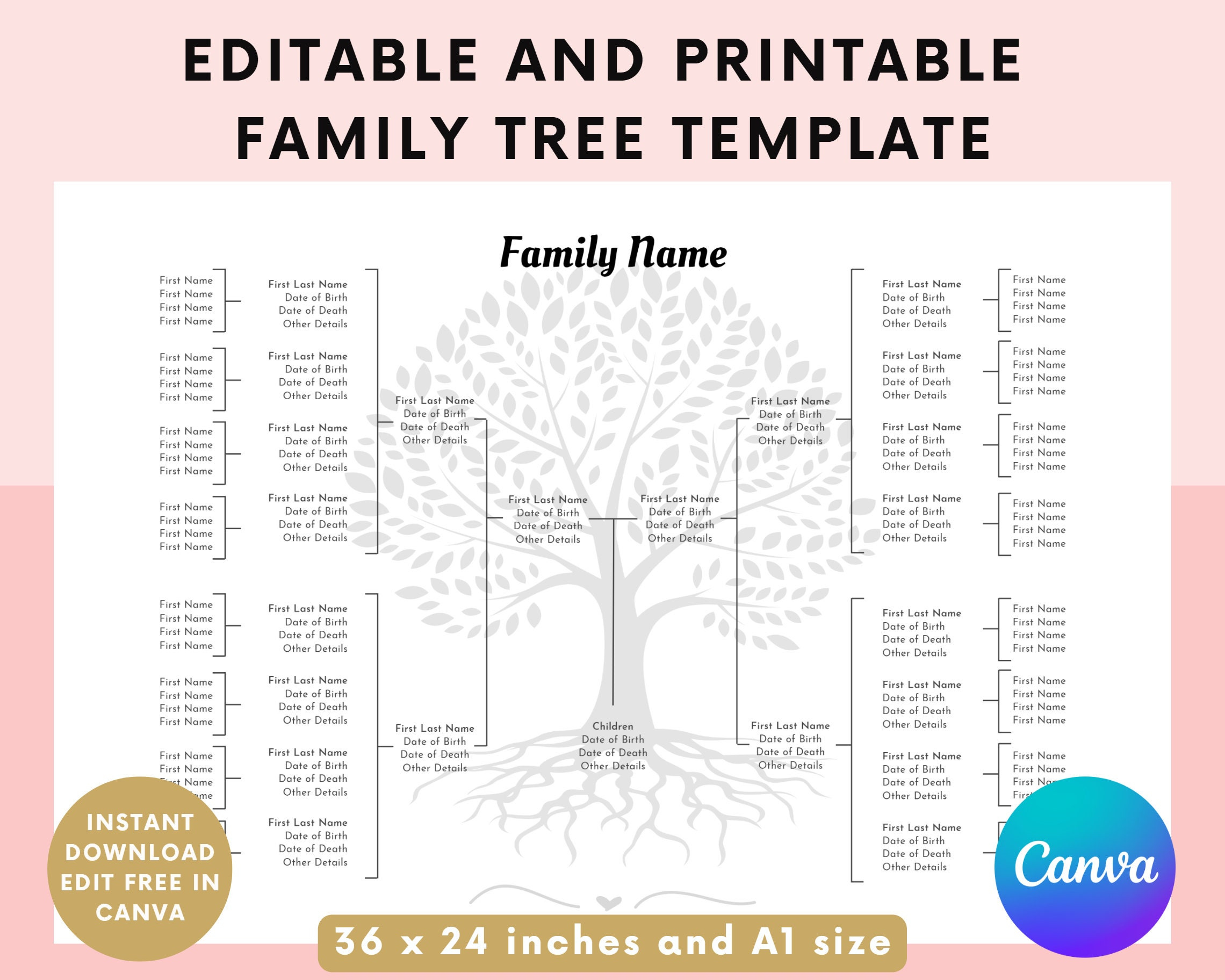Editable Family Tree Template - Family Tree Chart Printable - 5 with regard to Family Tree Templates Free Printable