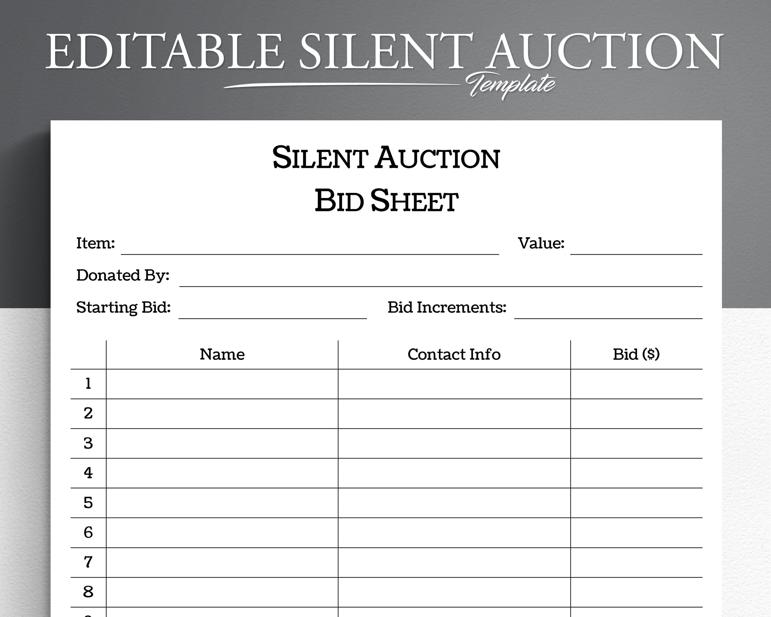 Editable Silent Auction Bid Sheet Template (Pdf, Word, Google Docs throughout Silent Auction Bid Sheet Printable