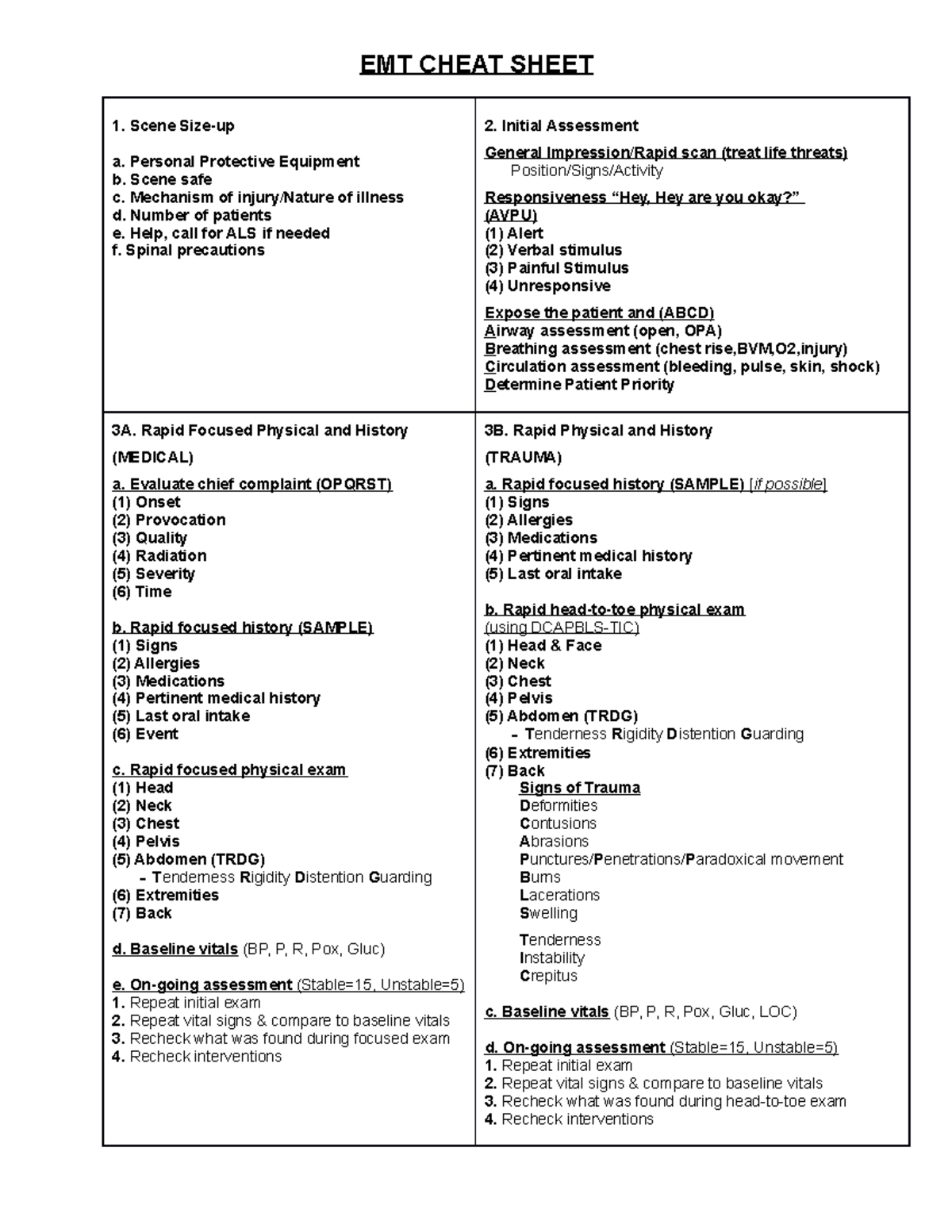 Emt Study Sheet: Essential Skills And Assessments Guide - Studocu within Printable Emt Cheat Sheet