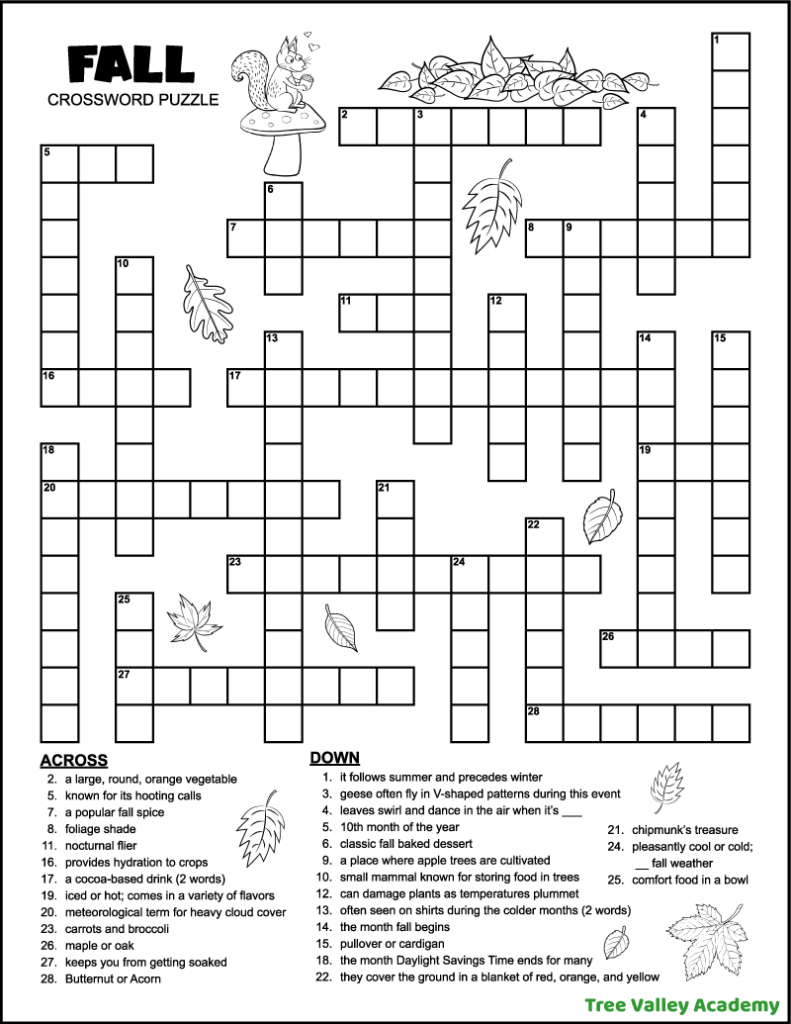 Fall Crossword Puzzle For Middle School - Tree Valley Academy regarding Best Free Crossword Puzzles Printable
