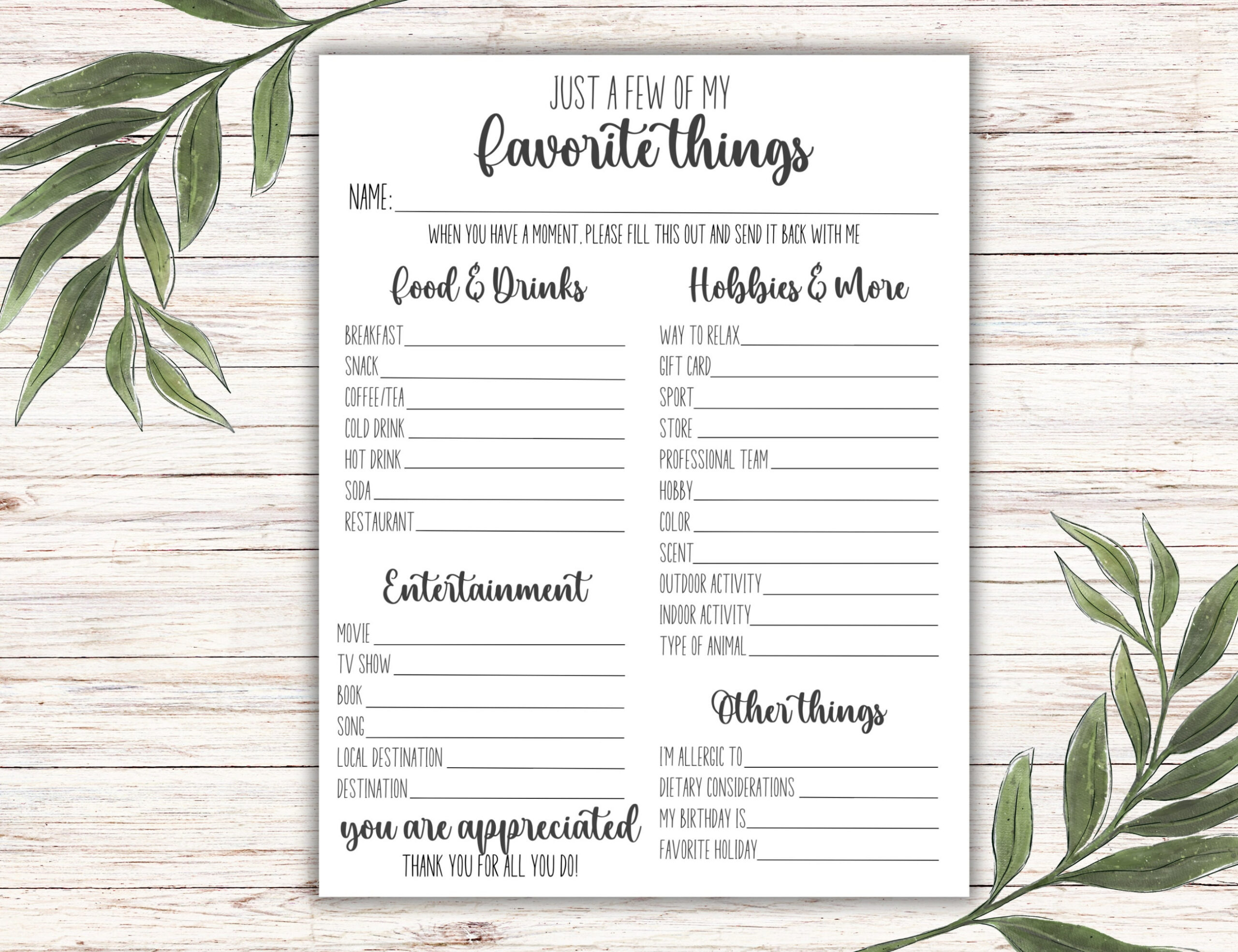 Favorites Survey Printable: Teacher & Staff Appreciation (Pdf) - Etsy pertaining to Just A Few Of Your Favorite Things Printable