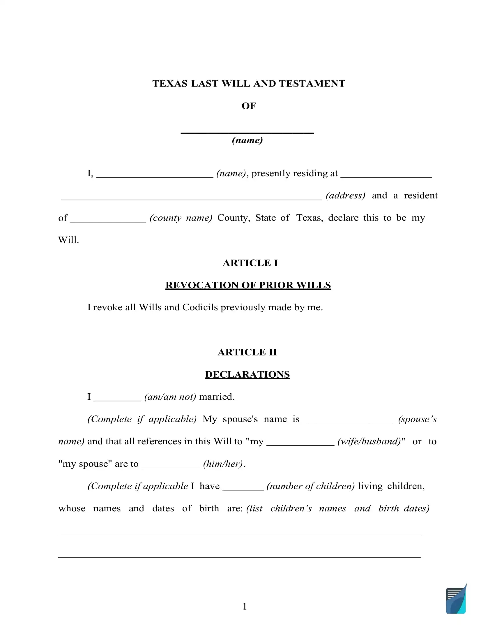 Fillable Texas Last Will And Testament Form [Free] | Formspal throughout Free Printable Texas Will Forms