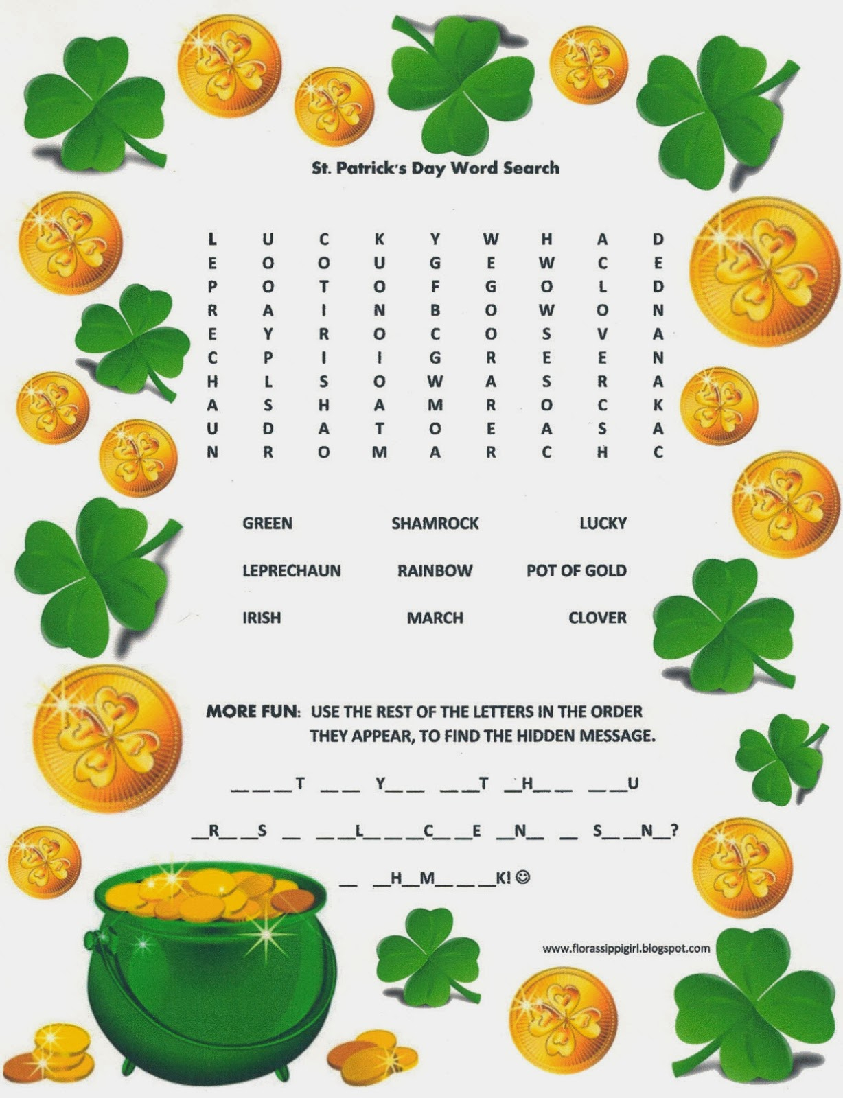 Florassippi Girl: St. Patrick'S Day Word Search - Free Printable intended for St Patricks Day Word Search Free Printable