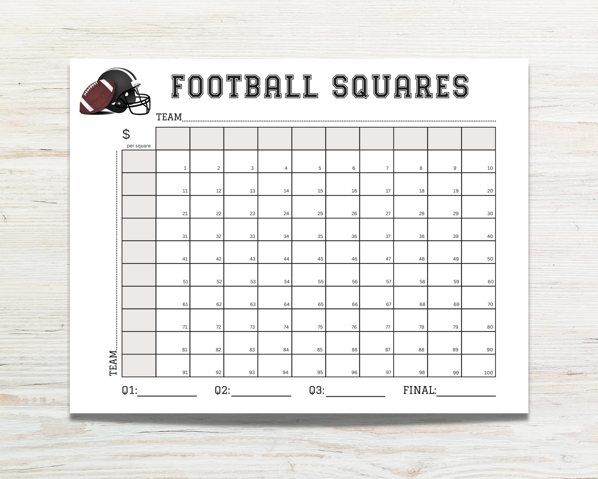 Football Squares Printable, Football Square Fundraiser, 100 Square for Printable 100 Square Football Board