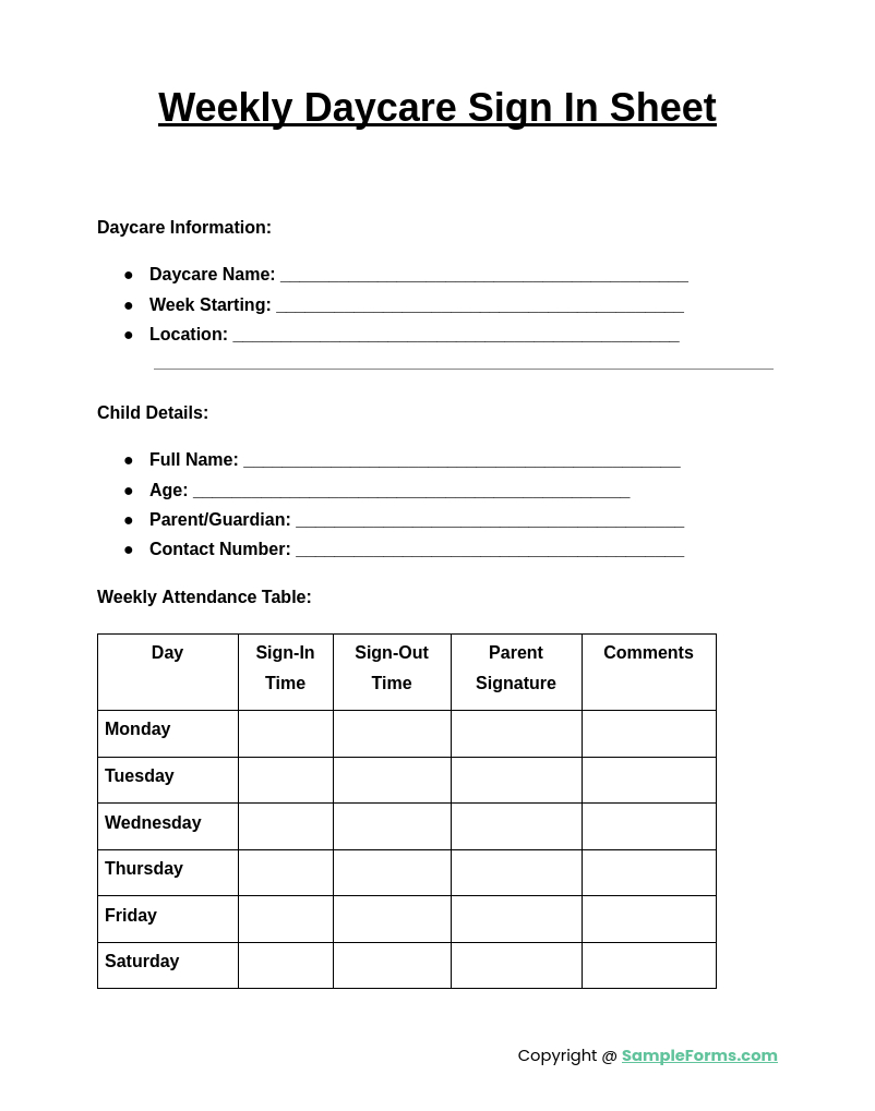 Free 10+ Daycare Sign In Sheet Samples, Pdf, Ms Word, Google Docs throughout Free Printable Daycare Sign in Sheet