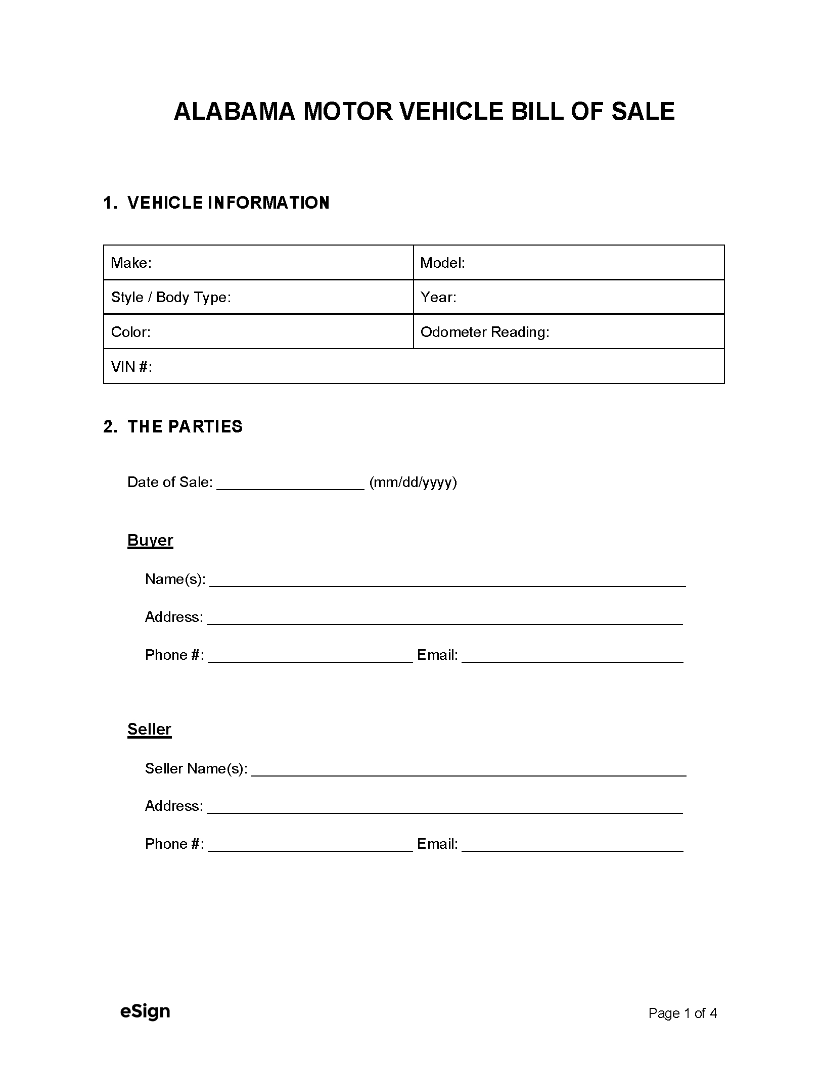 Free Alabama Motor Vehicle Bill Of Sale Form | Pdf | Word in Printable Bill Of Sale For Car Alabama