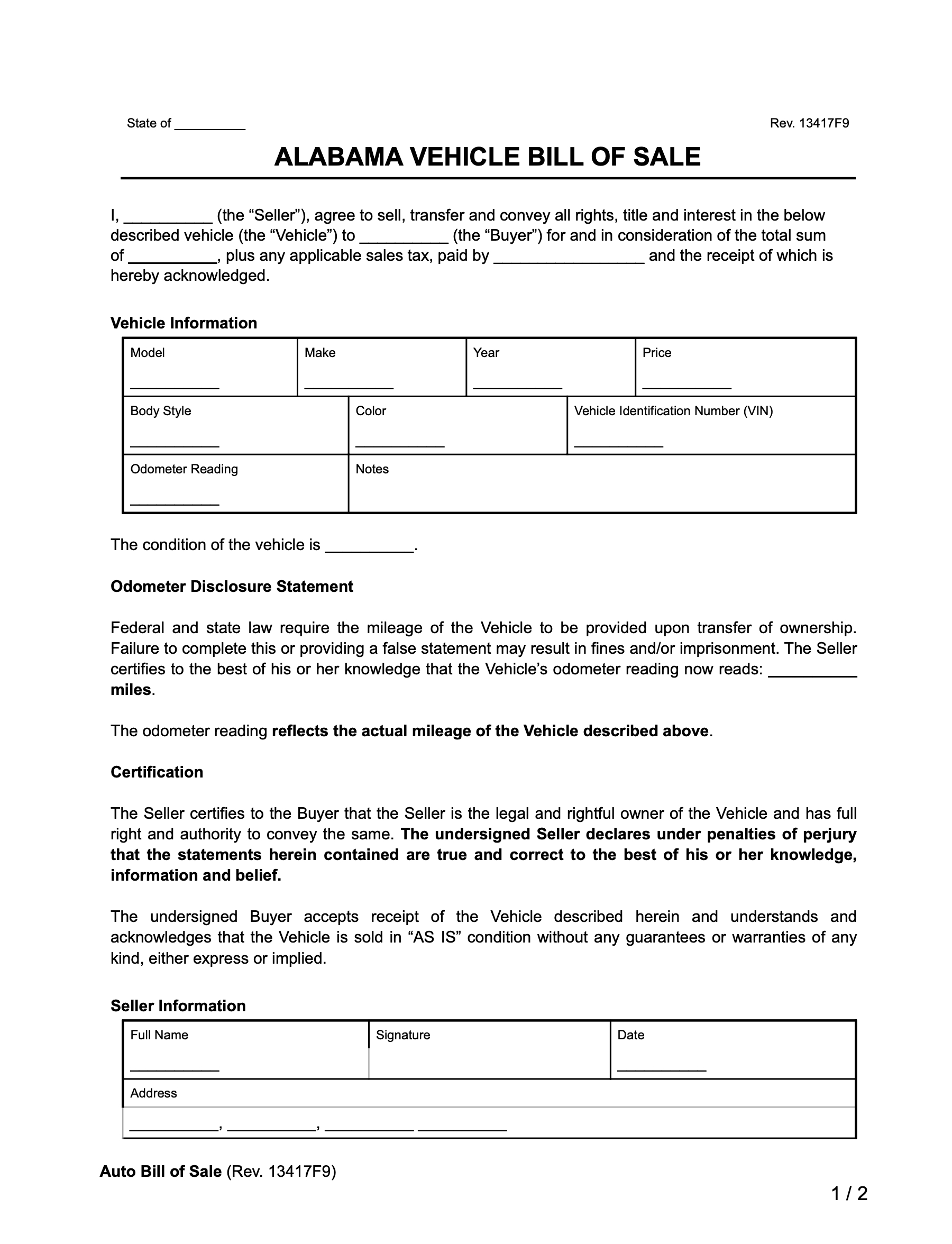 Free Alabama Vehicle Bill Of Sale Template | Pdf And Word throughout Printable Bill Of Sale For Car Alabama