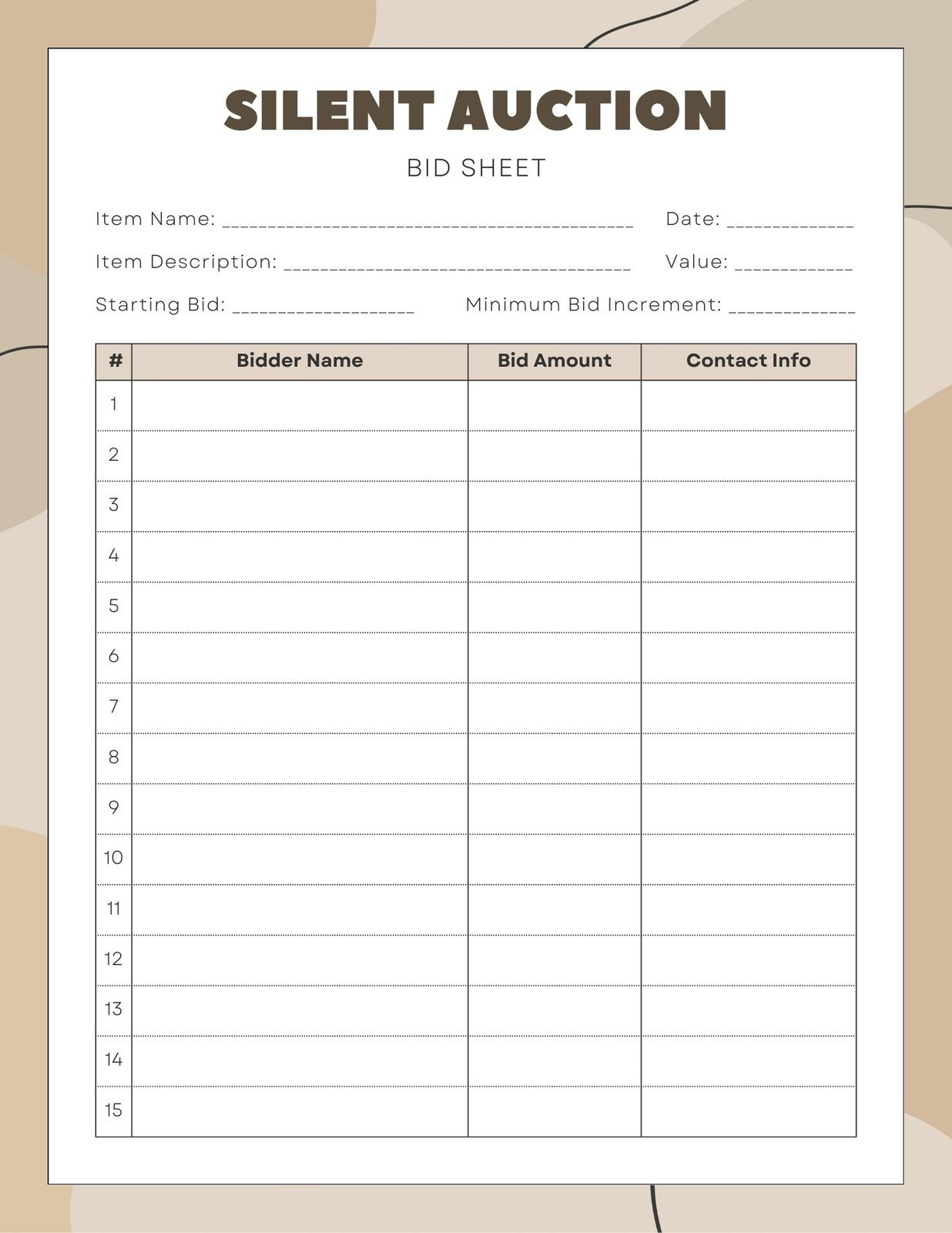 Free And Customizable Auction Templates for Silent Auction Bid Sheet Printable