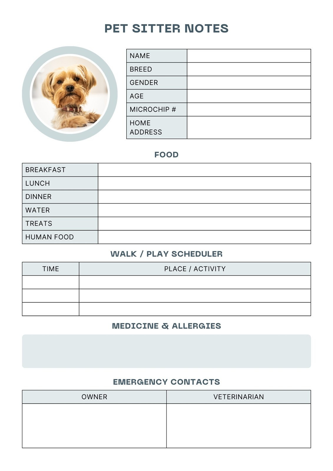 Free And Customizable Pet Templates for Free Printable Pet Sitting Forms