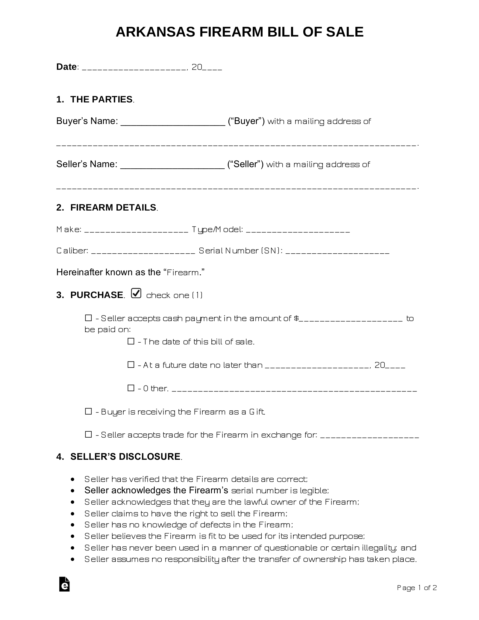 Free Arkansas Gun Bill Of Sale Template - Pdf | Word – Eforms with Printable Bill of Sale For Gun