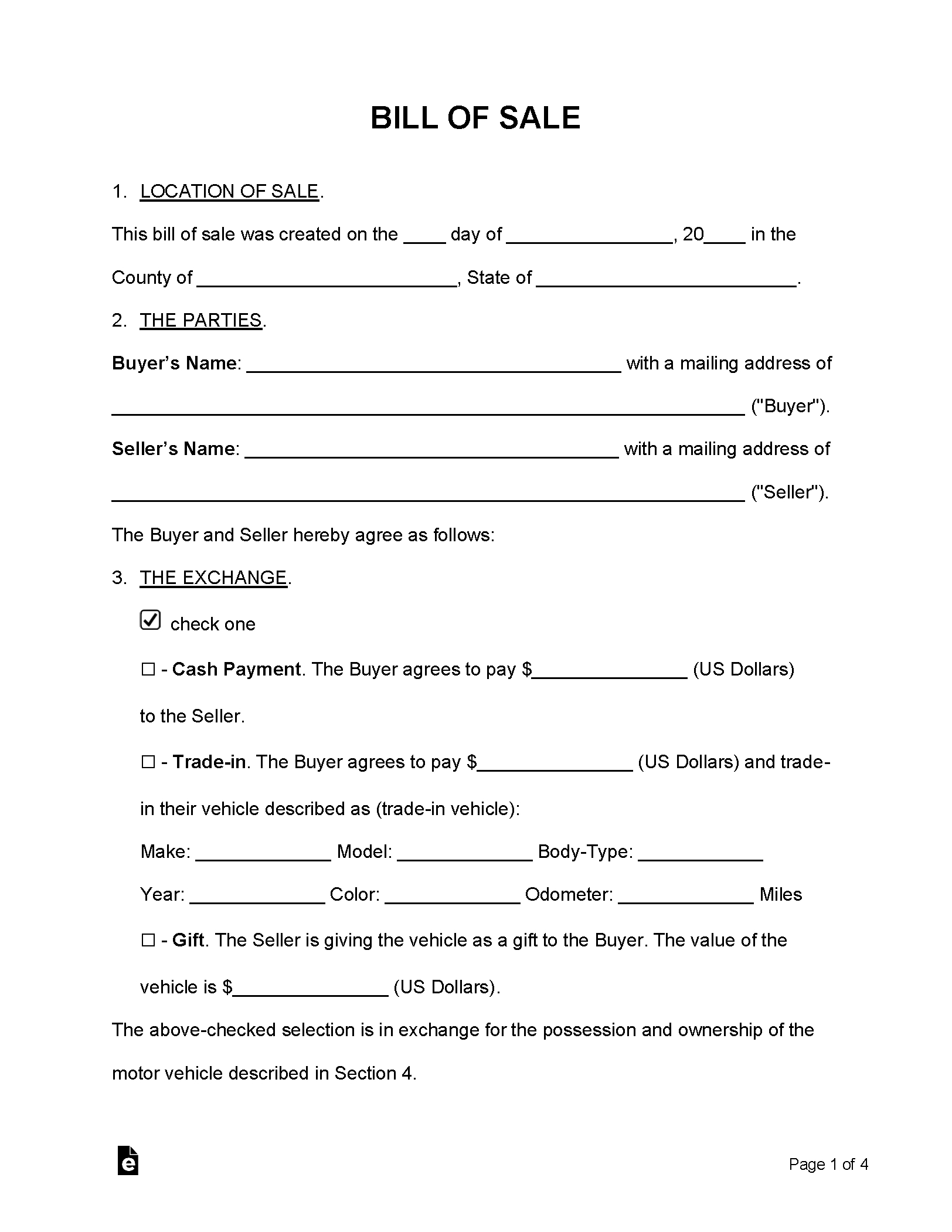 Free Bill Of Sale Forms (24) - Pdf | Word – Eforms intended for Bill of Sale Printable Form