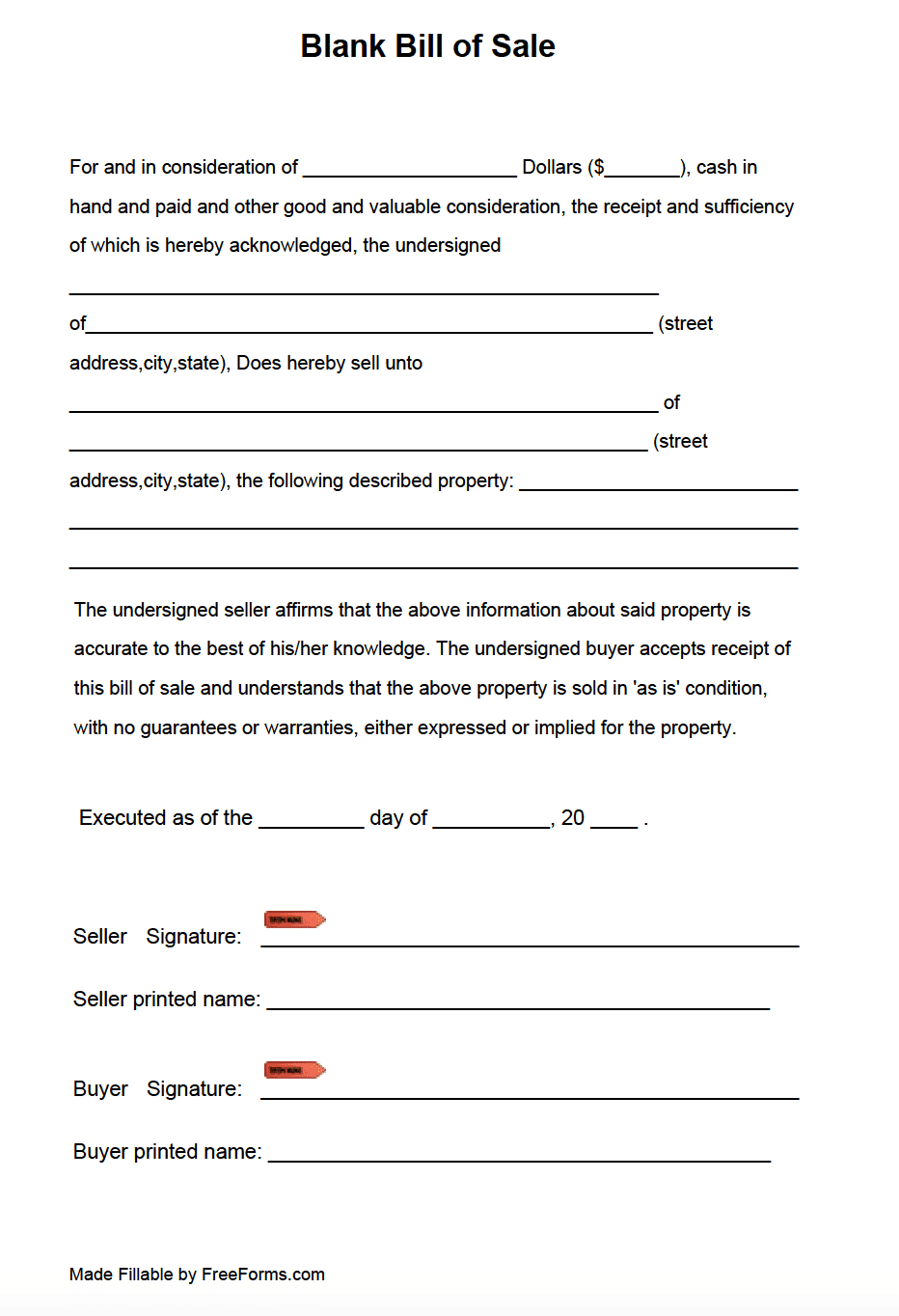 Free Blank Bill Of Sale Form | Pdf with regard to Bill of Sale Printable Form