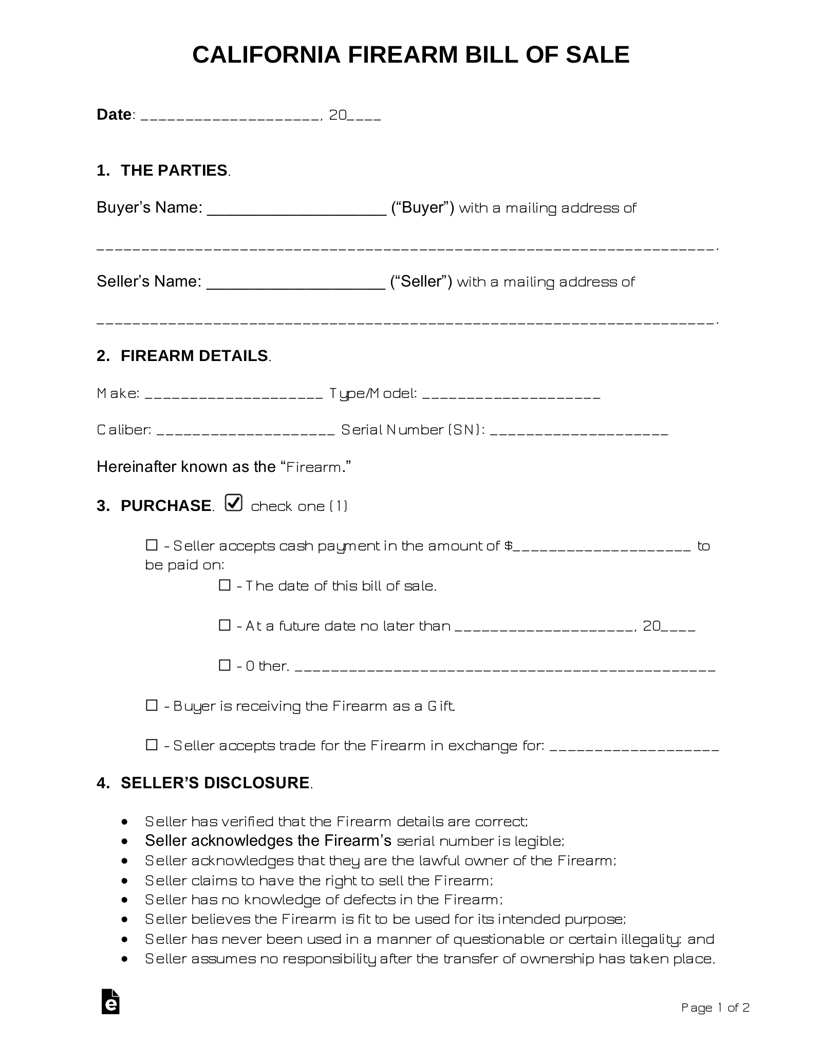 Free California Firearm Bill Of Sale Template - Pdf | Word – Eforms throughout Printable Bill of Sale For a Gun