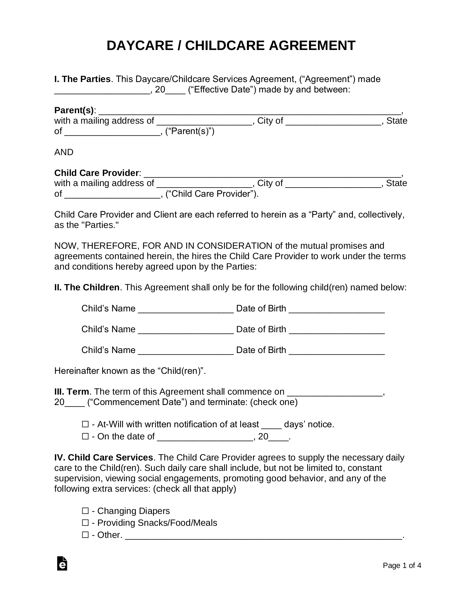 Free Daycare (Child Care) Contract Template - Pdf | Word – Eforms with Free Printable Child Care Forms