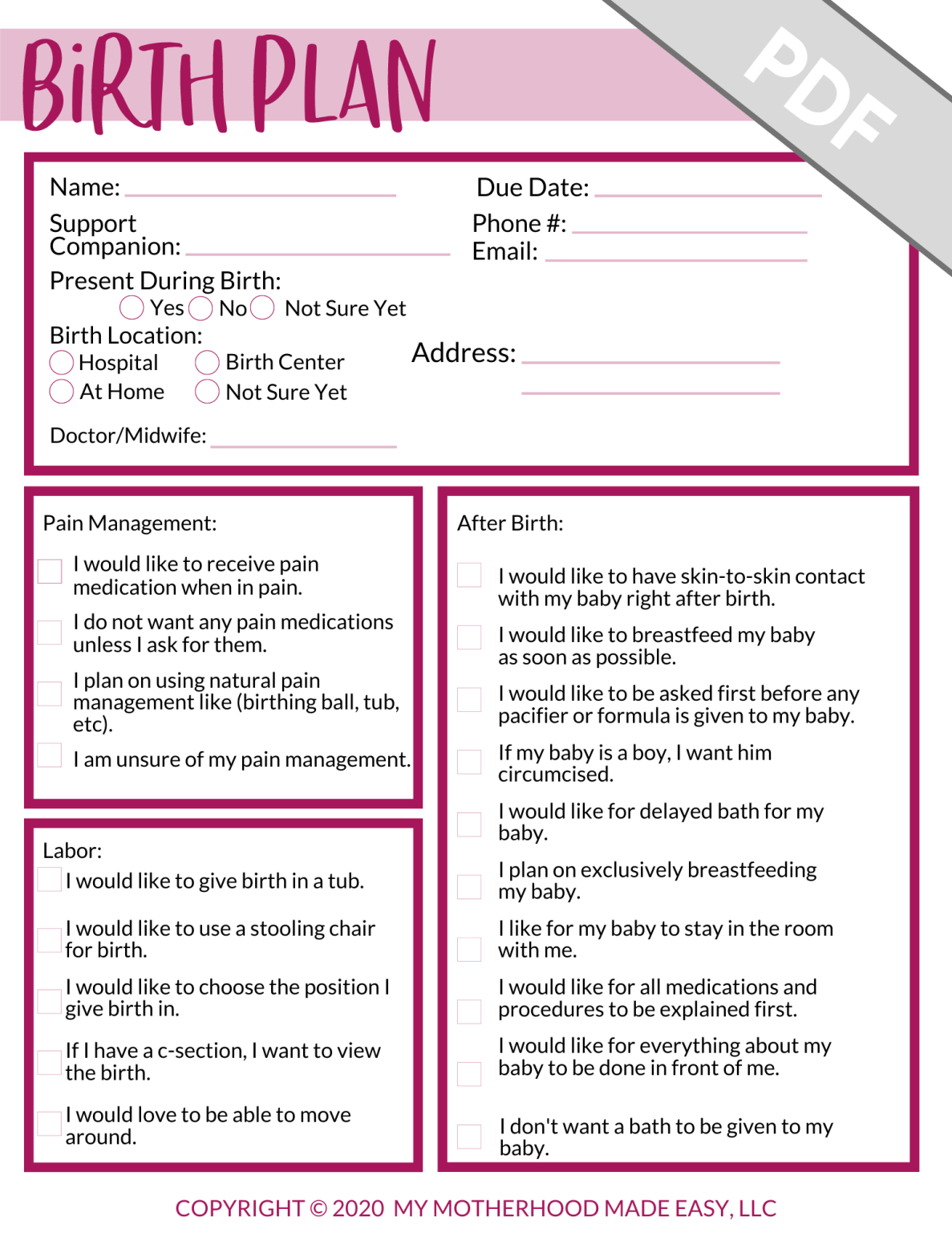 Free Download Printable Birthing Plan Form - Printable Forms Free for Printable Birth Plans For First Time Moms