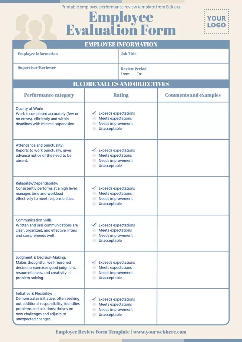 Free Employee Performance Review Templates for Free Employee Evaluation Forms Printable