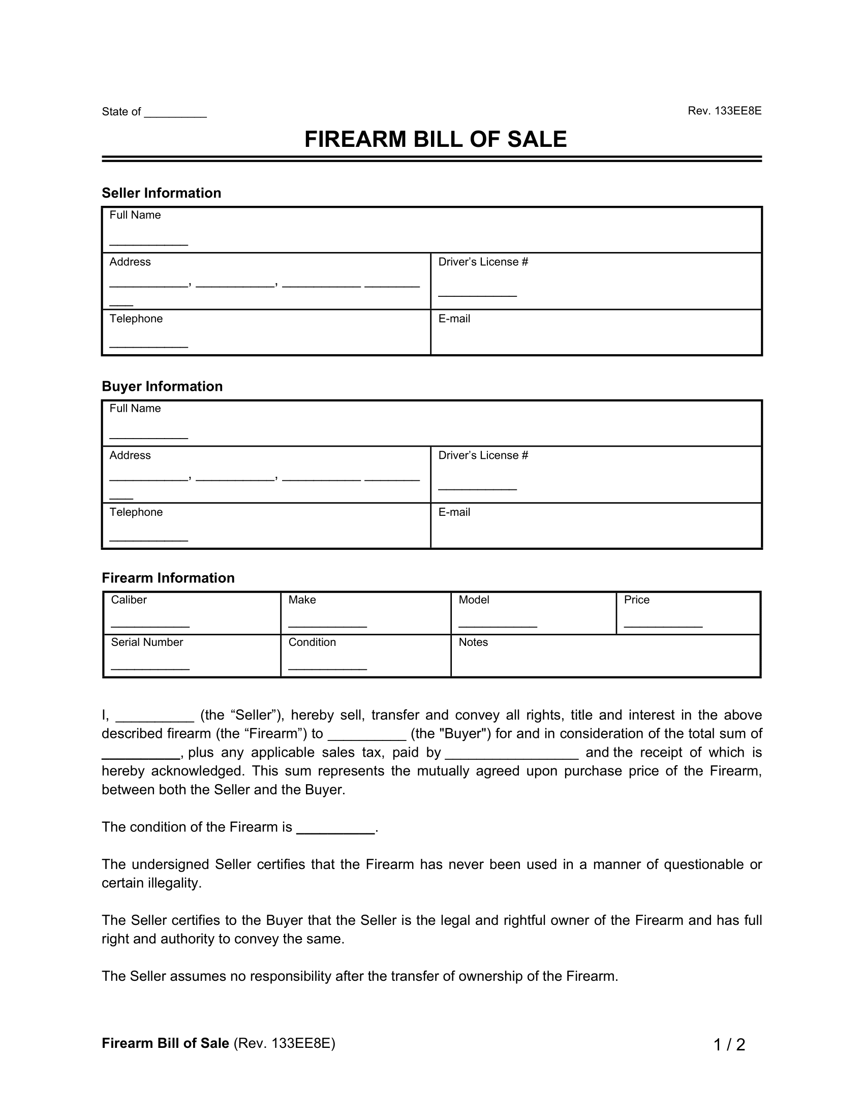 Free Firearm (Gun) Bill Of Sale Form | Legal Templates regarding Printable Bill Of Sale For A Gun