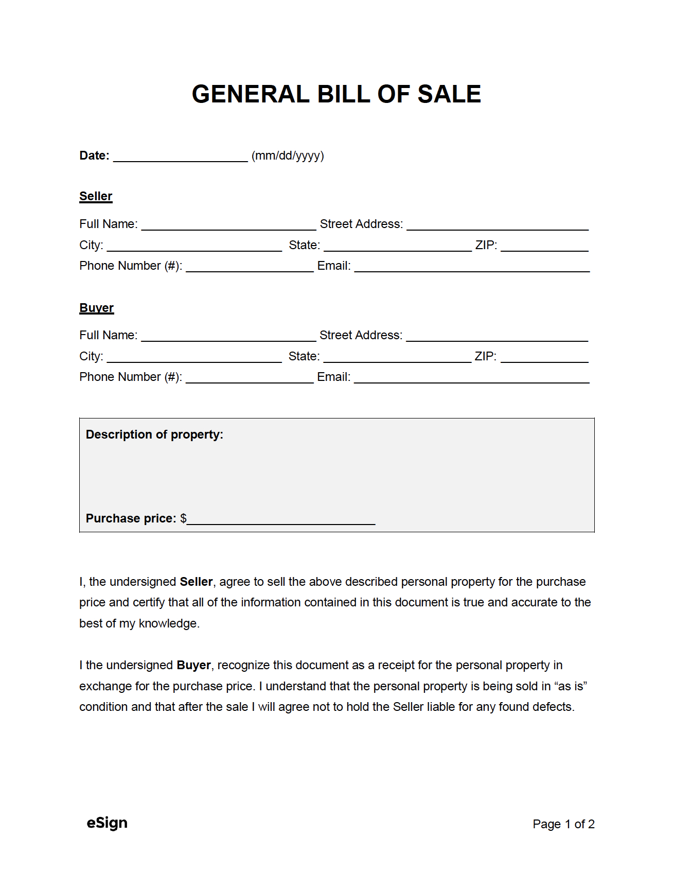 Free General Bill Of Sale Form | Pdf | Word intended for Bill of Sale Form Printable