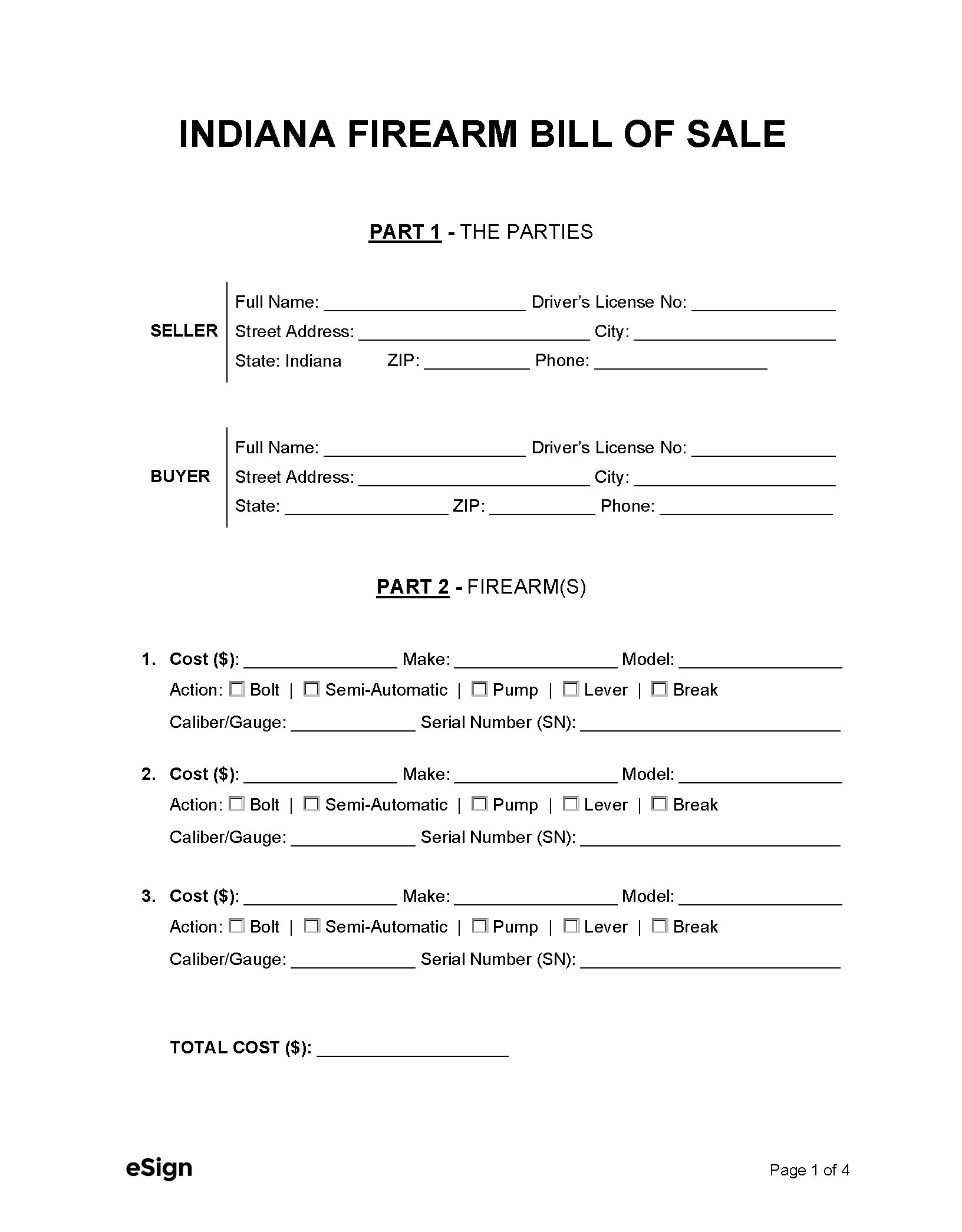 Free Indiana Firearm Bill Of Sale Form | Pdf | Word with regard to Printable Bill of Sale For a Gun