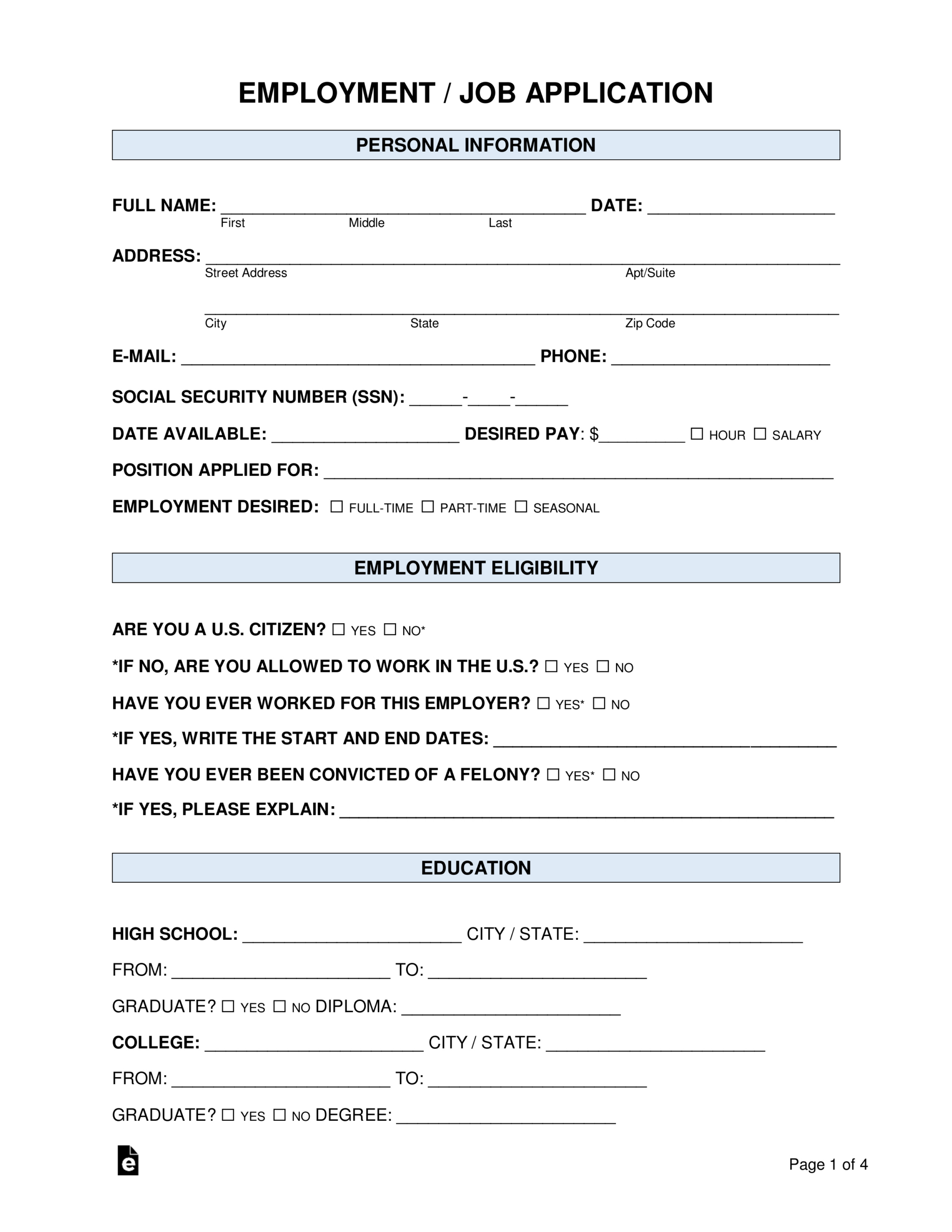 Free Job Application Form (Standard Template) - Pdf | Word intended for Downloadable Free Printable Job Application