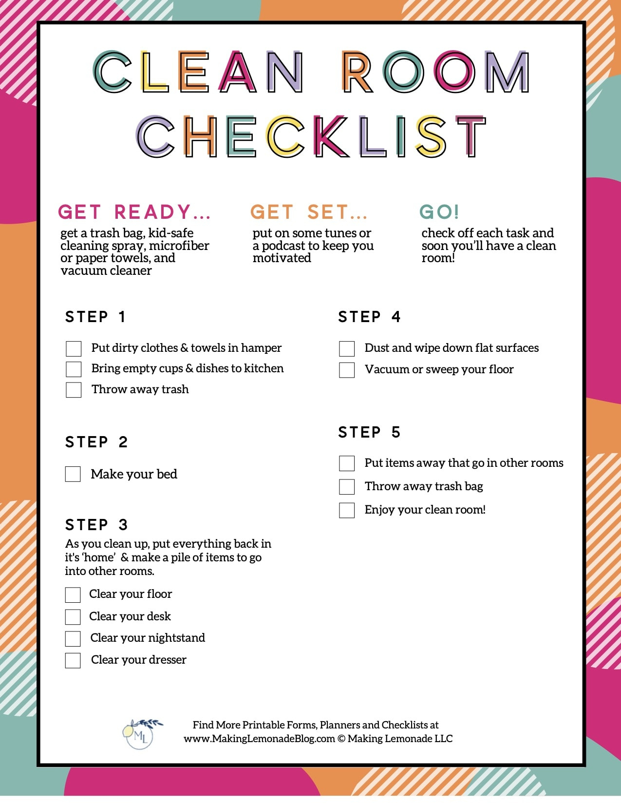 Free Kids Printable Cleaning Checklist For Bedrooms - Making Lemonade for Cleaning Checklist By Room Printable