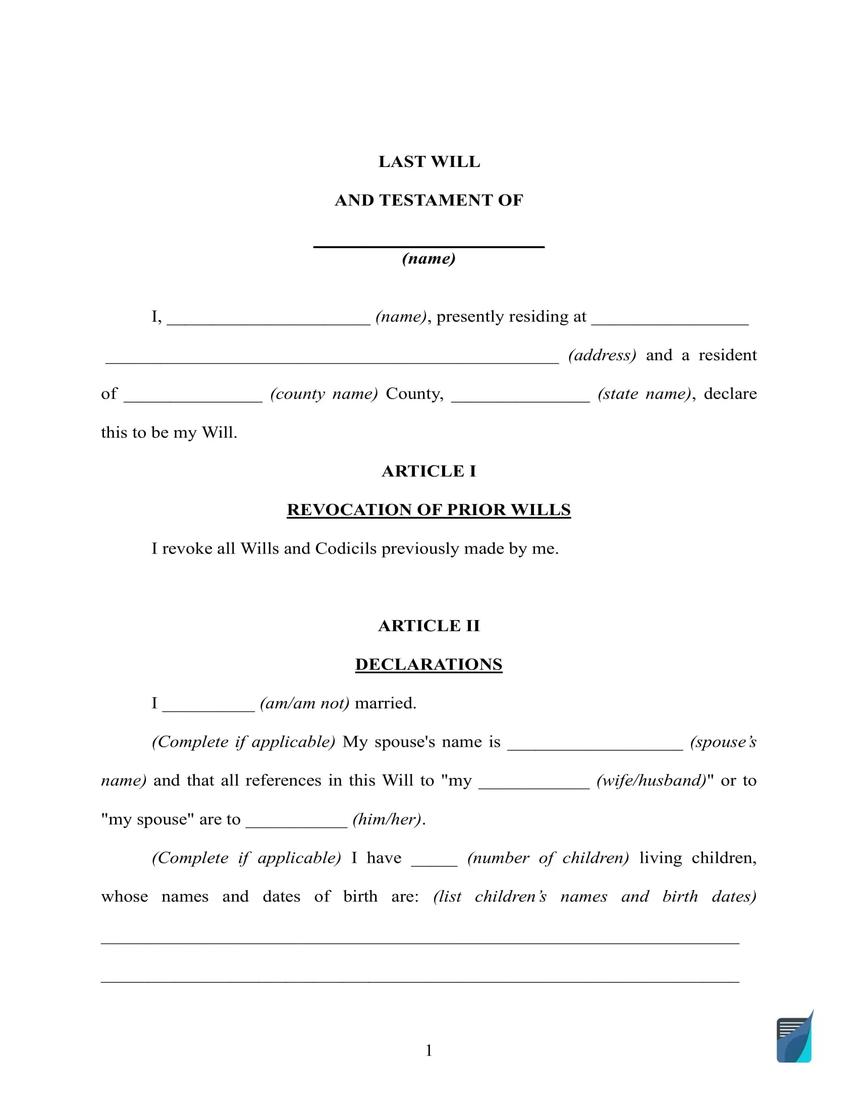 Free Last Will And Testament Template ⇒ Will Forms In Pdf And Doc within Printable Last Will and Testament Form