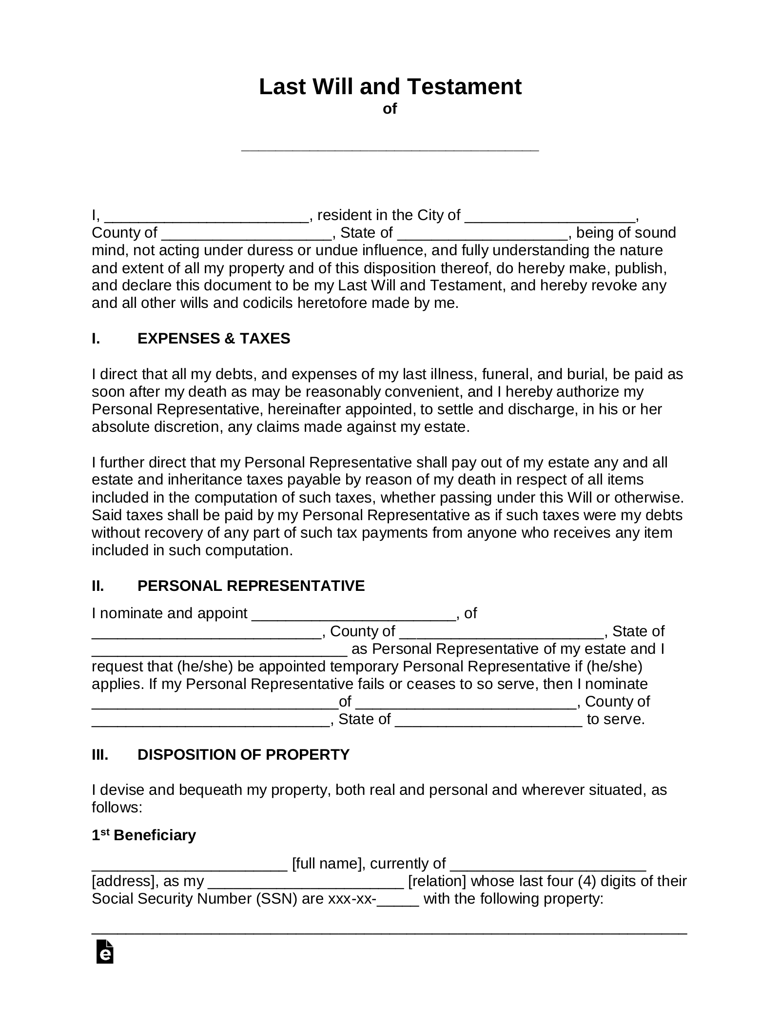 Free Last Will And Testament (Will) - Pdf | Word – Eforms intended for Free Printable Will and Testament Forms