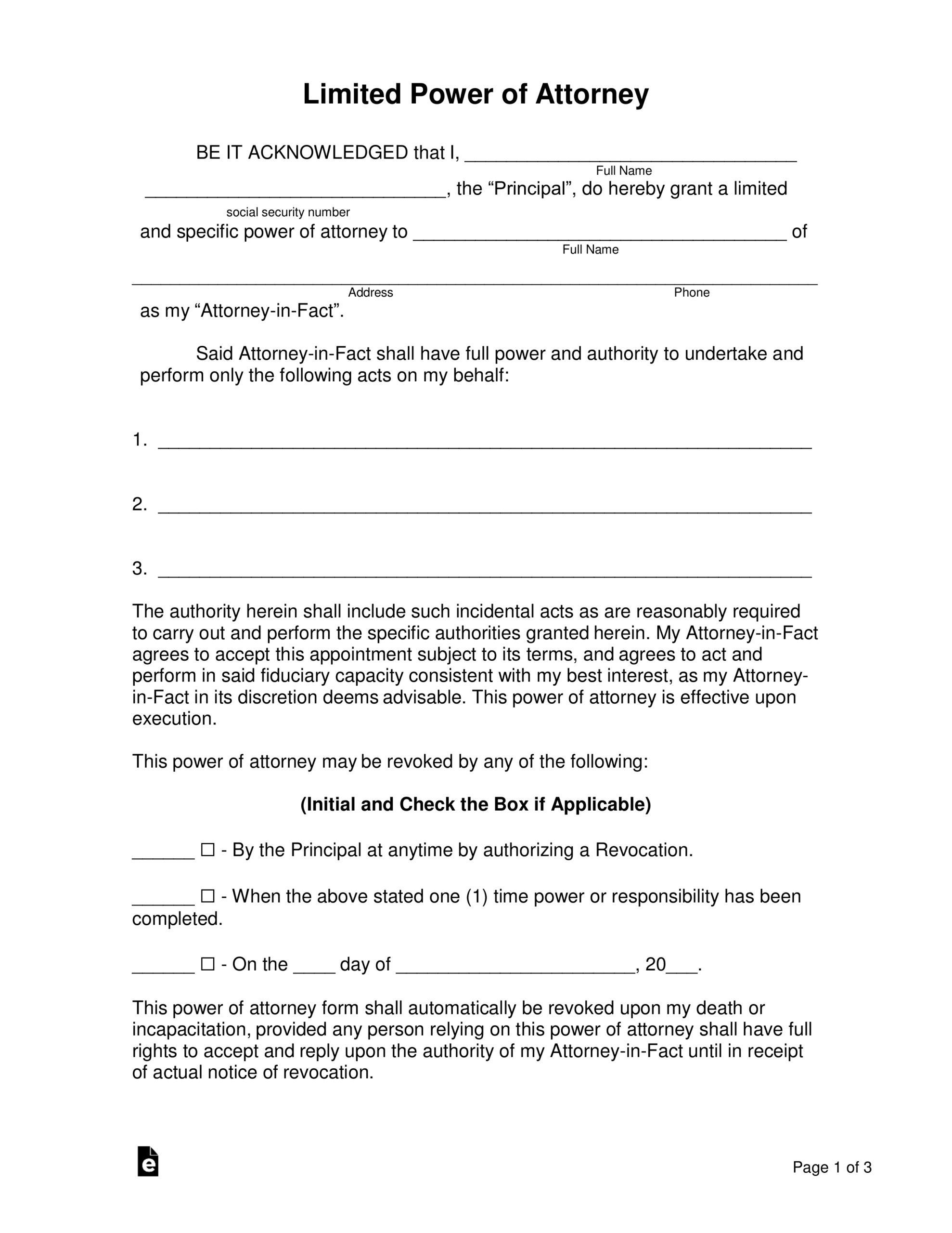 Free Limited (Special) Power Of Attorney Form - Pdf | Word – Eforms for Printable Power of Attorney Forms Free