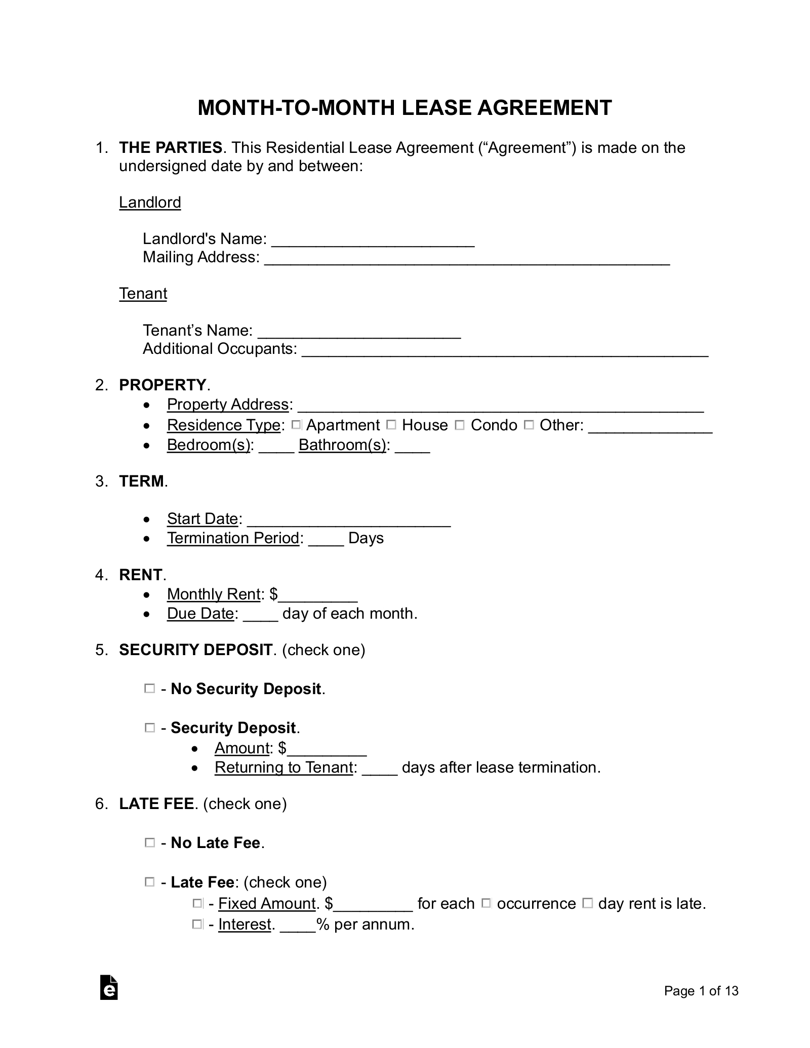 Free Month-To-Month Lease Agreement Template - Pdf | Word – Eforms with regard to Printable Simple House Rental Agreement