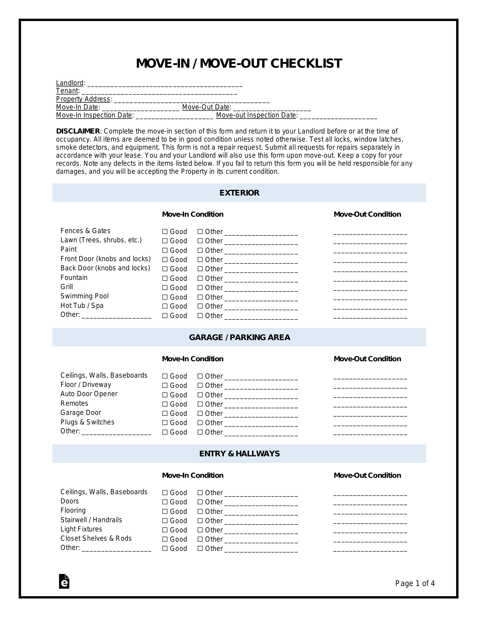 Free Move-In / Move-Out Checklist Form (Tenant) - Pdf | Word – Eforms inside Printable Rental Inspection Checklist Free