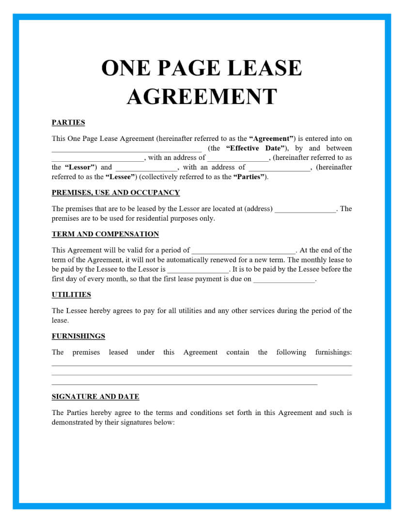 Free One Page Lease Agreement Templates within Free Printable Rental Lease Agreement Template